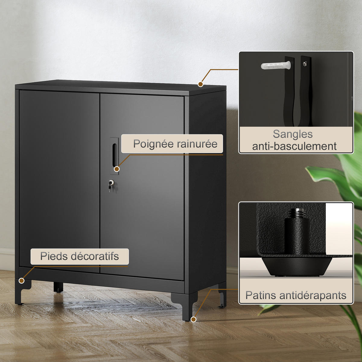 AKTENSCHRANK DE-14513 2 Ebenen, 2 abschließbare Türen Schwarz - Schwarz, Metall (35/91/80cm) - ComfortXL