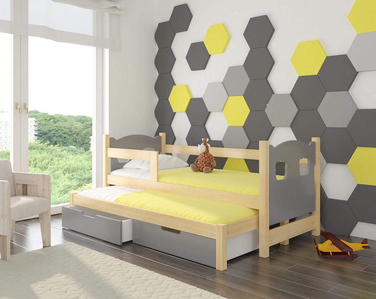 KINDERBETT Campos Farbe Kiefer Natur / grau 188 / 81 / 80cm - Braun/Grau, Holz/Holzwerkstoff (80/190cm) - Feldmann-Wohnen
