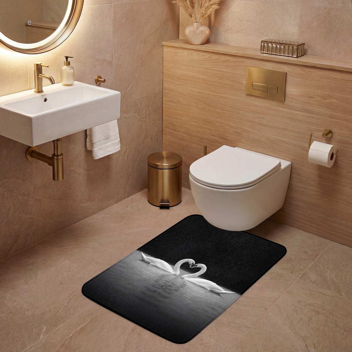 WC PŘEDLOŽKA Labutě - srdce - černá - bílá 60x90 cm - černá, textil/plast (60/1cm) - OnlyWow
