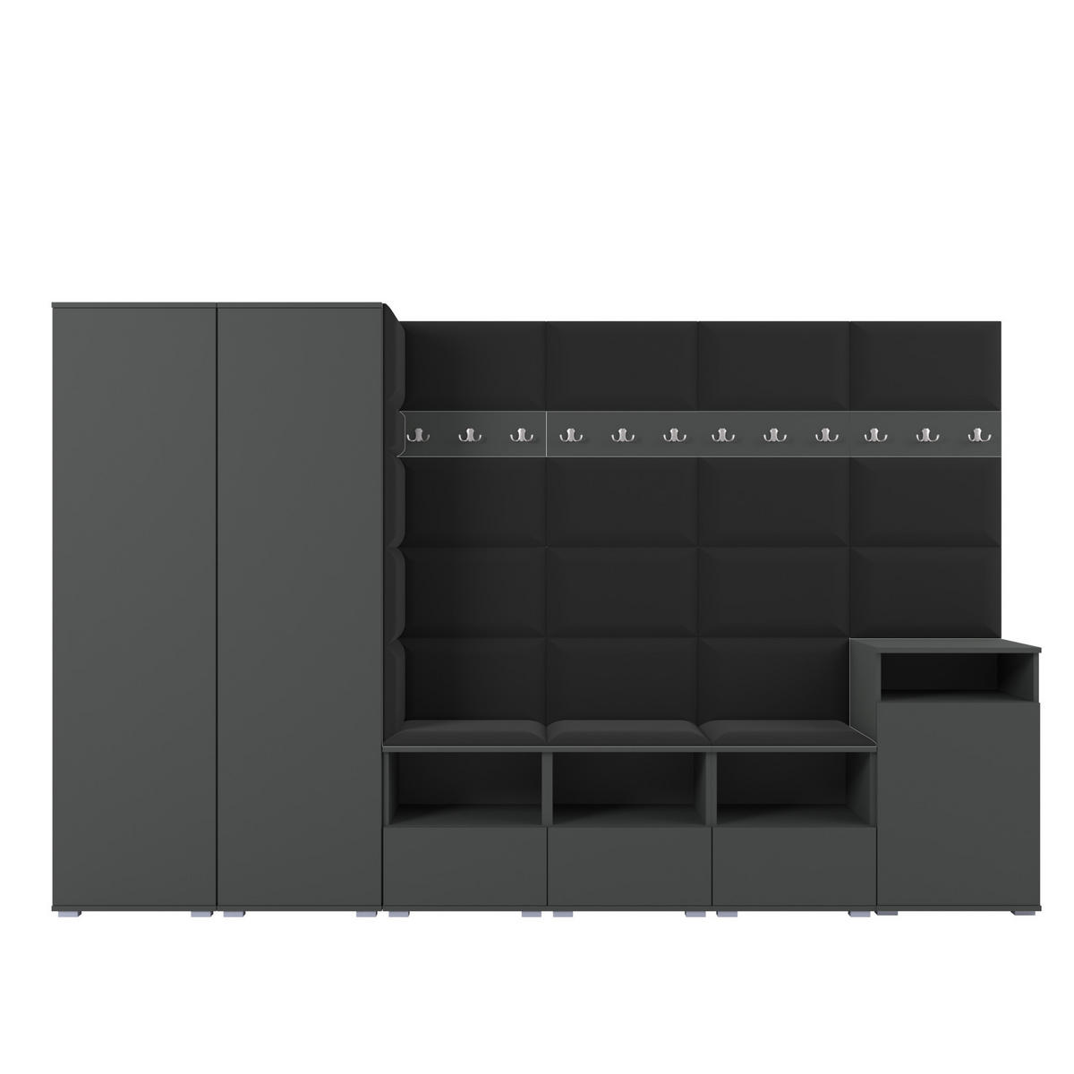 GARDEROBE NELA XII 300 cm (Modulare Flurmöbel Graphit mit Sitzpolster Schwarz 16 Gigantisches Set) - Silberfarben/Schwarz, Holz/Holzwerkstoff (300/187/40cm) - Ravio