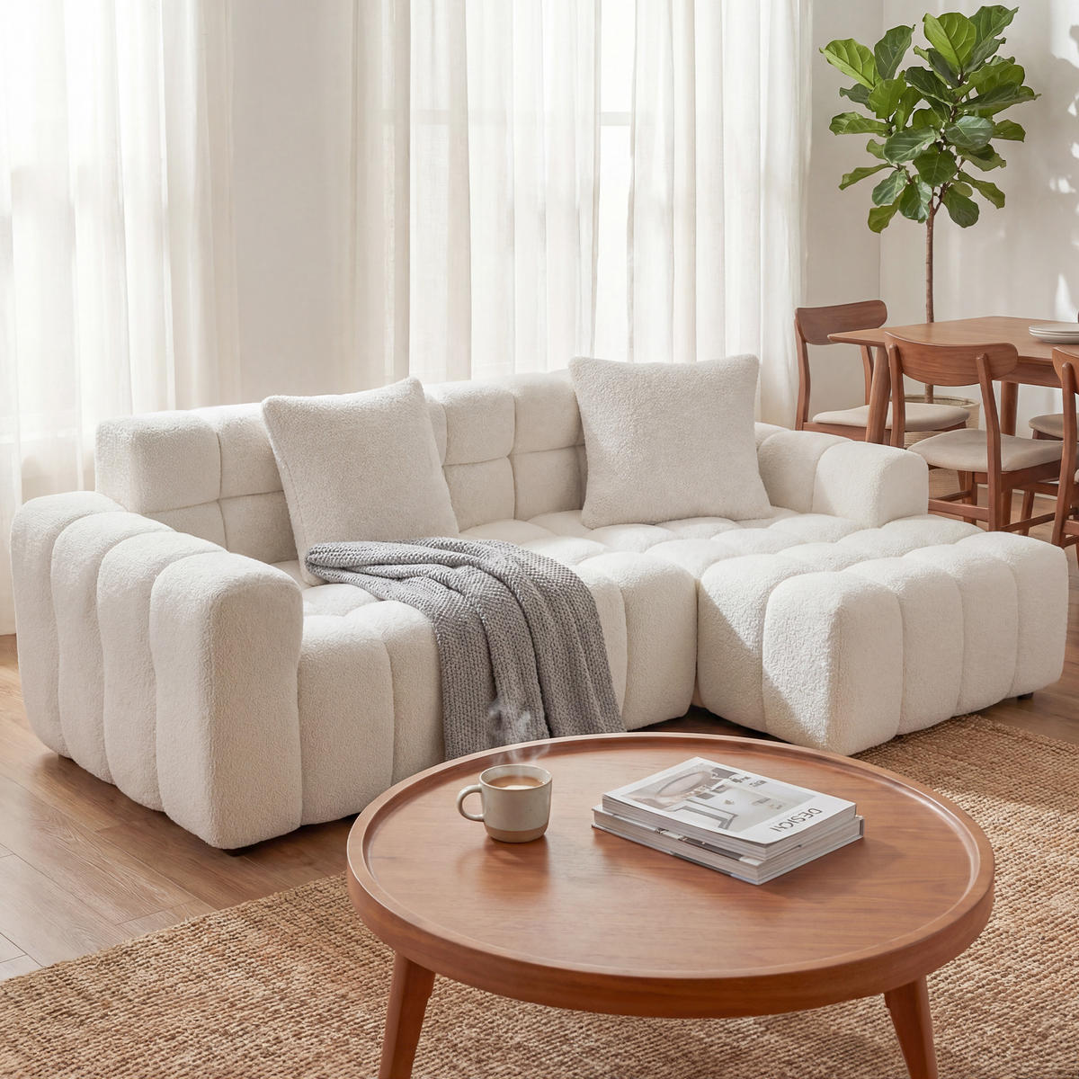 ECKSOFA L-Form 3-Sitzer in Weiß aus Samt mit recht Chaiselongue - Weiß, Textil (249.94/149.1cm) - CHICFURN
