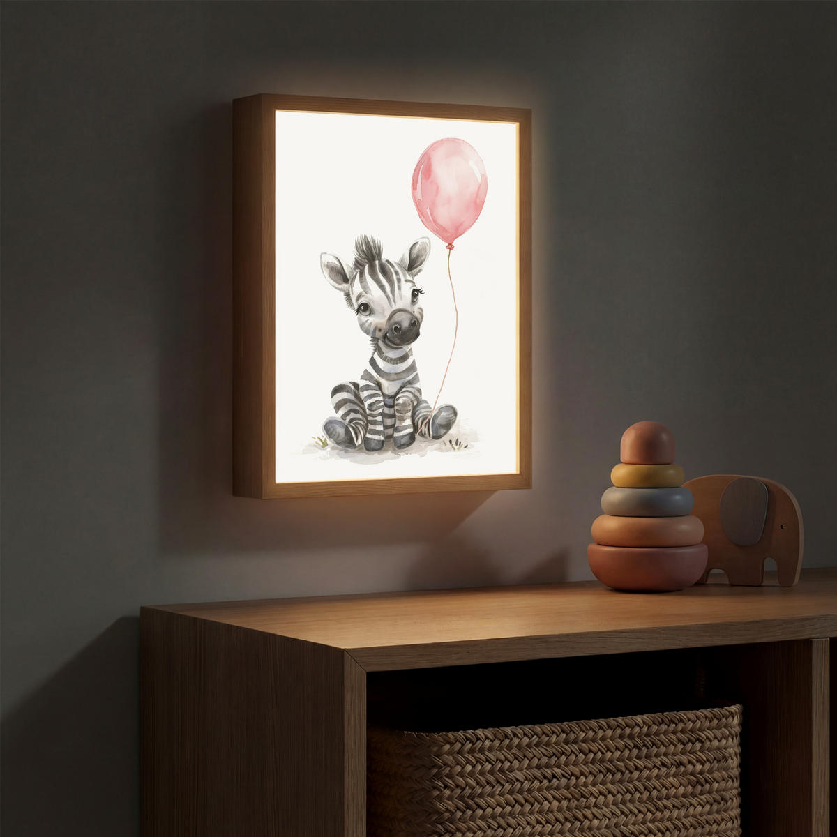 NACHTTISCHLAMPE MIT AKKU Zebra - Baby - Tiere - Rosa Luftballon 30x40 cm - Weiß, Holzwerkstoff (8/30/40cm) - OnlyWow