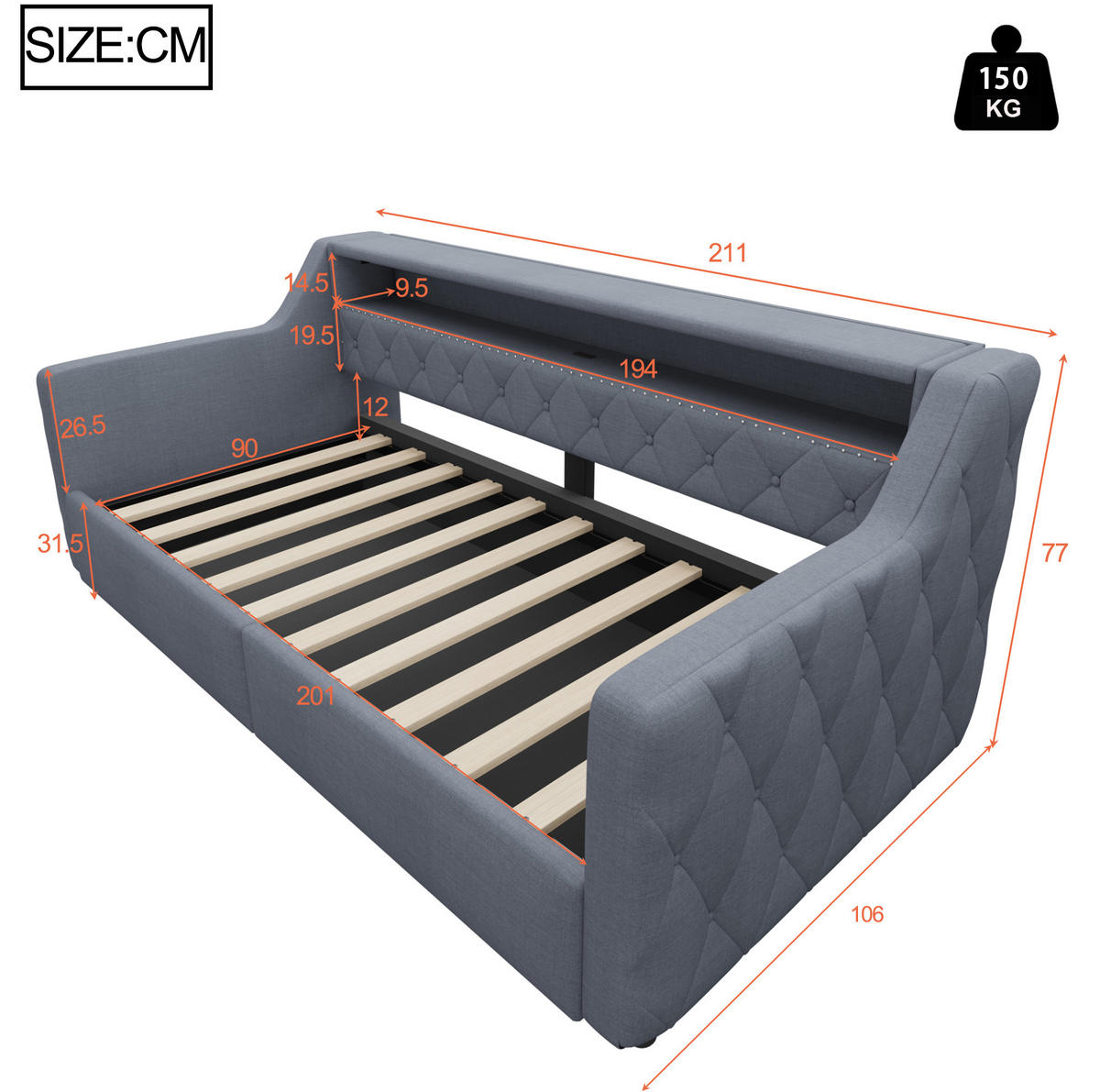 BETT 90/200 cm in Grau mit LED-Beleuchtung und Stauraum - Grau, Holzwerkstoff (90/200cm) - Flora Grace