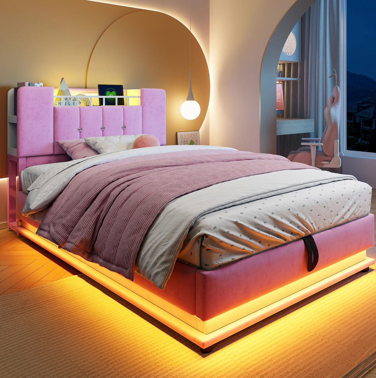 KINDERBETT 90/200 cm mit LED-Beleuchtung, USB-Anschluss und hydraulischem Stauraum, Samtbezug, Rosa - Rosa, Textil (90/200cm) - Redom