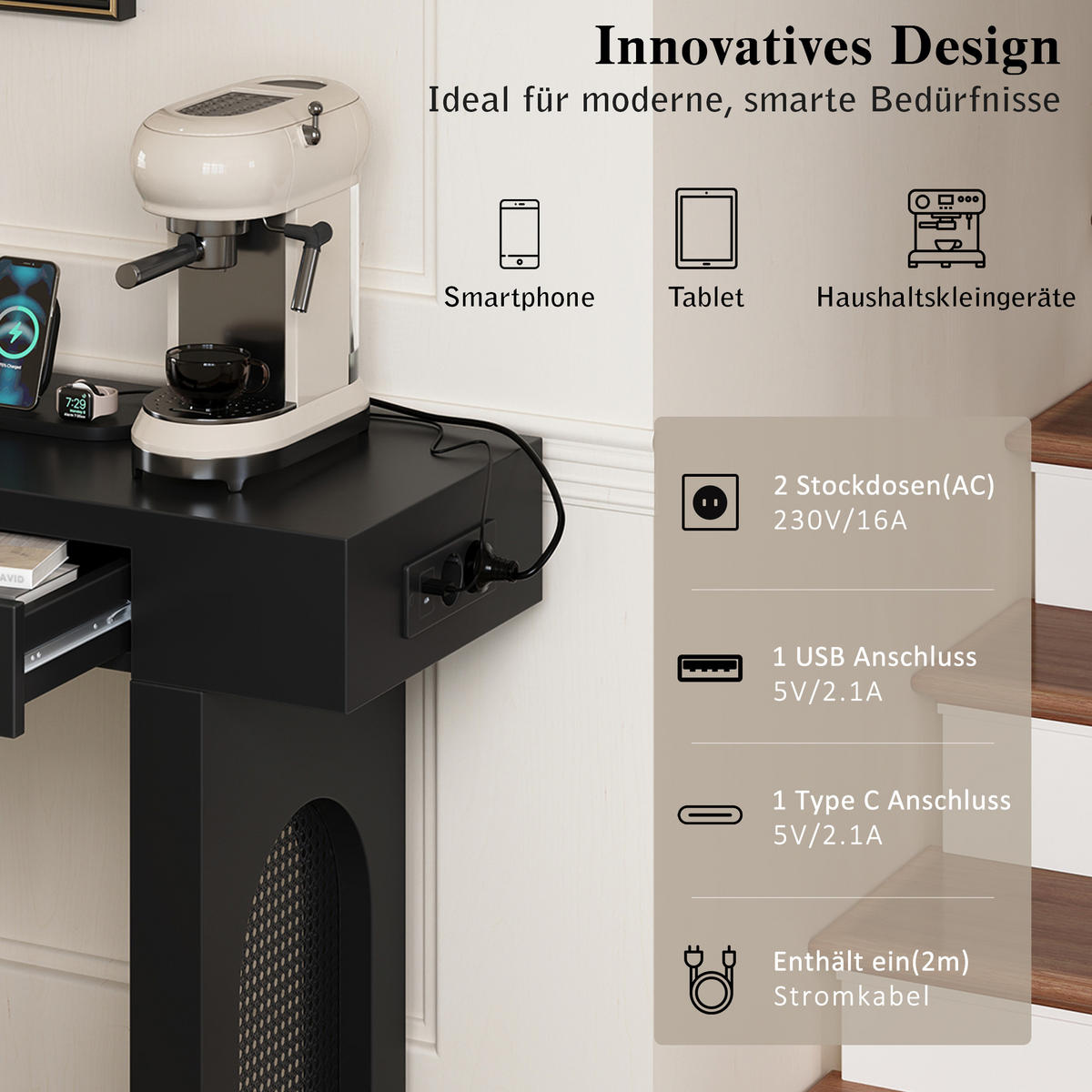 KONSOLENTISCH 120/35,5/76,5 cm schwarz aus MDF mit 2 Schubladen und Steckdosenleiste - Schwarz, Holzwerkstoff (120/35.5/76.5cm) - OKWISH