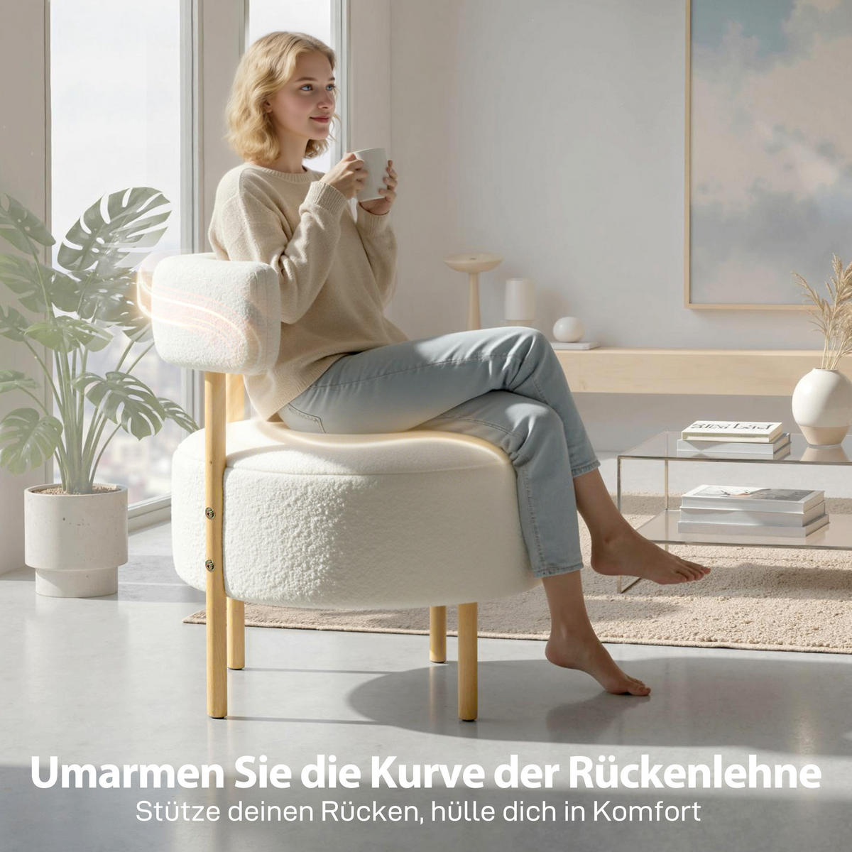 RELAXSESSEL DE-06550 Sherpa-Fleece, Metallbeine in Holzoptik Cremeweiß - Creme, Holz/Textil (67/71/67cm) - ComfortXL