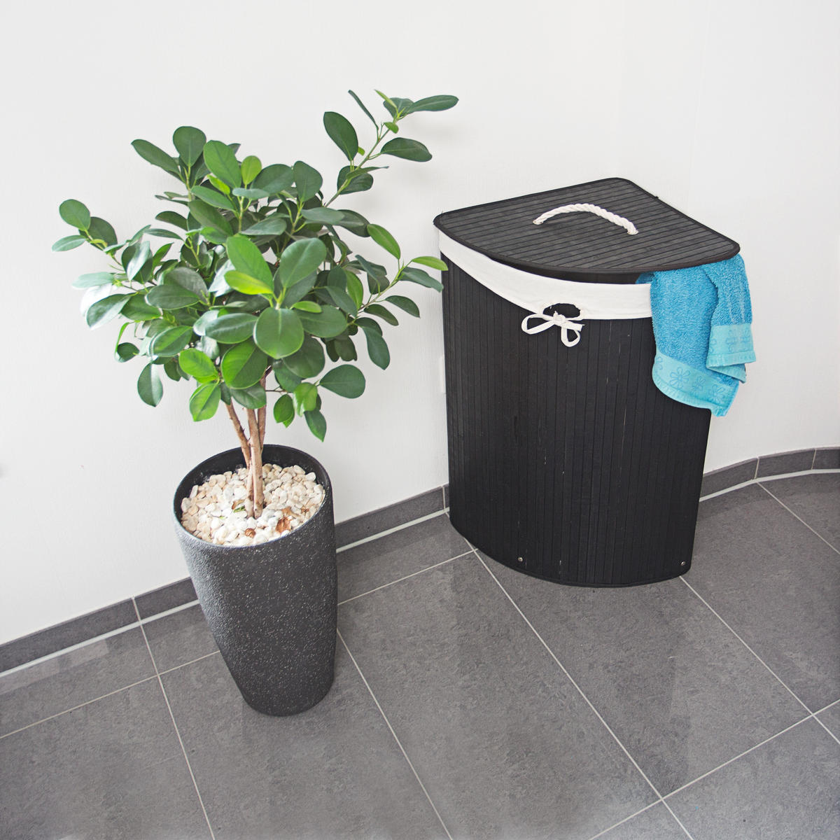 ECKWÄSCHEKORB - Schwarz, Holz/Textil (49.5/65/37cm) - Relaxdays
