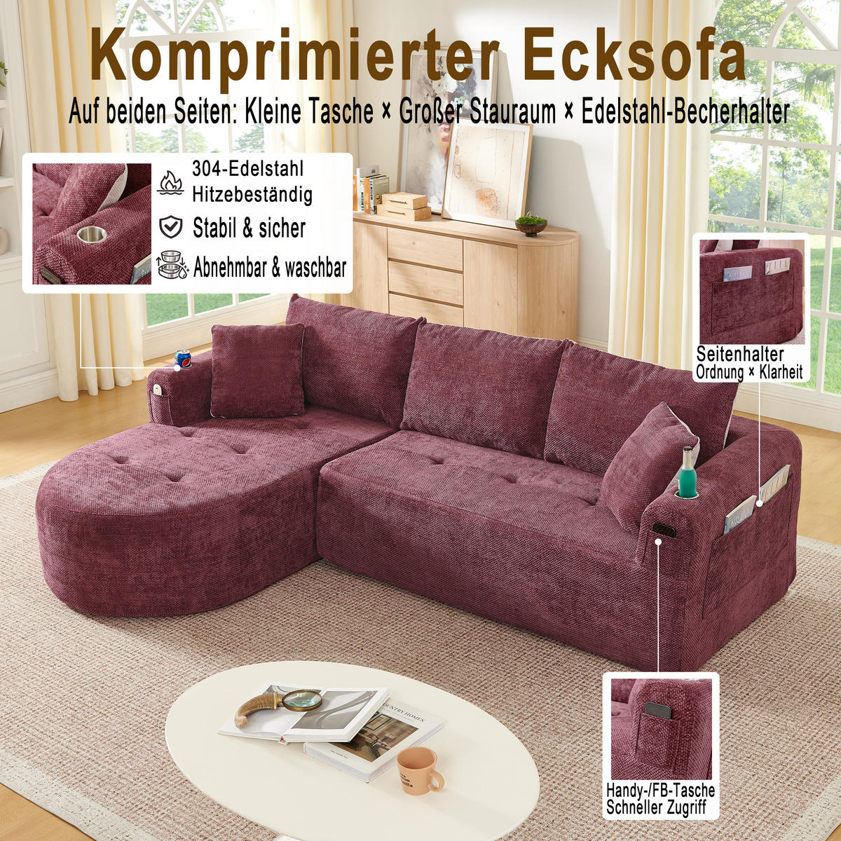 ECKSOFA 255/171/64 cm Bordeauxrot Leinen mit 2 Getränkehalter - Rot, Textil (255/171cm) - Oxeza