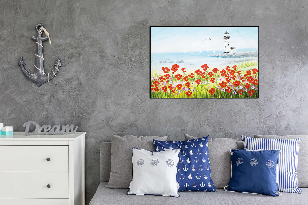 ACRYLBILD HANDGEMALT 90/60 cm - Blau/Rot, Holz/Textil (90/60cm) - KUNSTLOFT