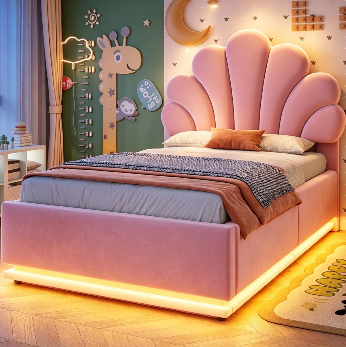 ČALOUNĚNÁ postel 90/200 cm s květinovým čelem, hydraulickým úložným prostorem a LED osvětlením, Růžová - růžová, textil (90/200cm) - Redom