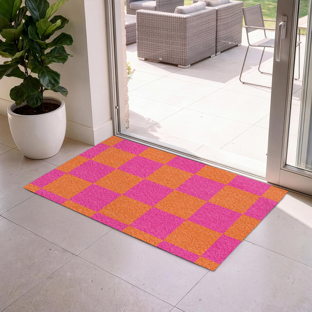 ROHOŽKA Šachovnicový potisk - Oranžová - Růžová - Bloky 120x80 cm - růžová, textil/umělá hmota (120/0.4cm) - MuchoWow