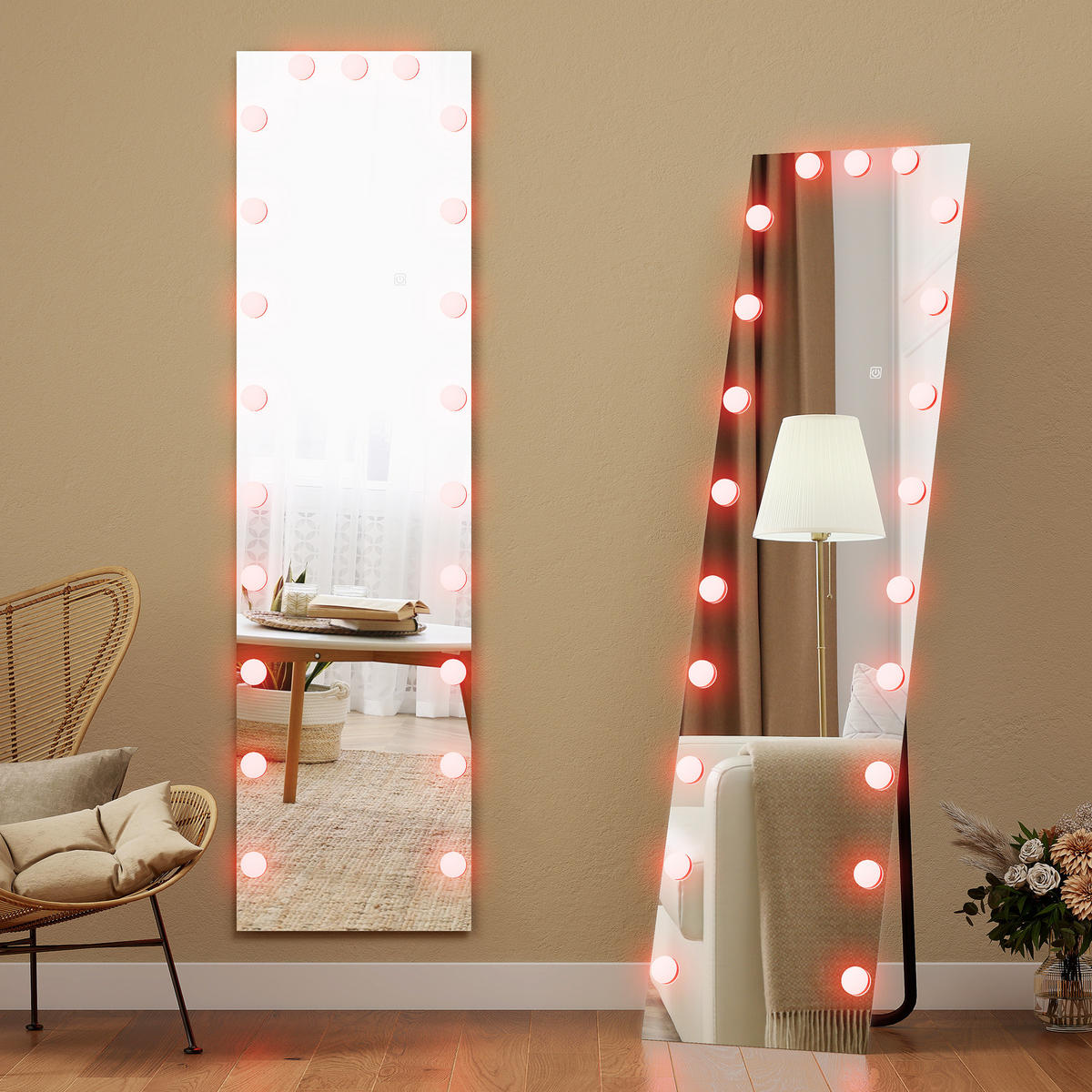 GANZKÖRPERSPIEGEL 150x40 cm RGB-LED Standspiegel mit 21 Glühbirnen 7 Lichtfarbe - Transparent, Glas (5.7/150/40cm) - HOMCOM