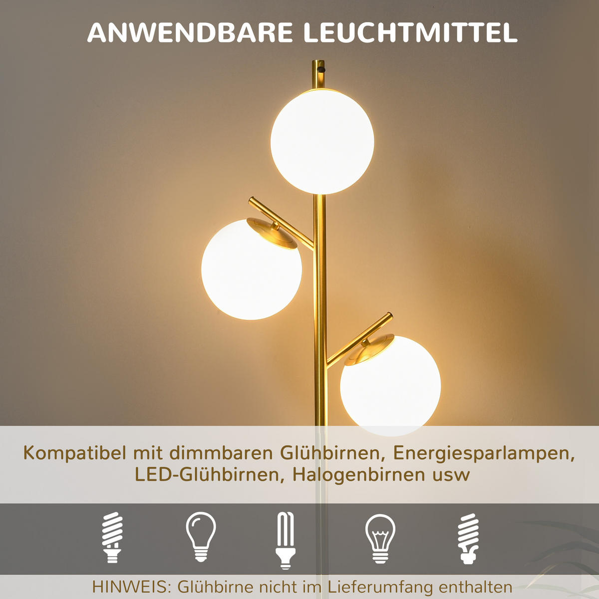 STEHLEUCHTE, Stehlampe, 40 W Standlampe mit E27 Fassung, Metall, ohne Glühbirne - Goldfarben, Metall (27/27/169cm) - HOMCOM