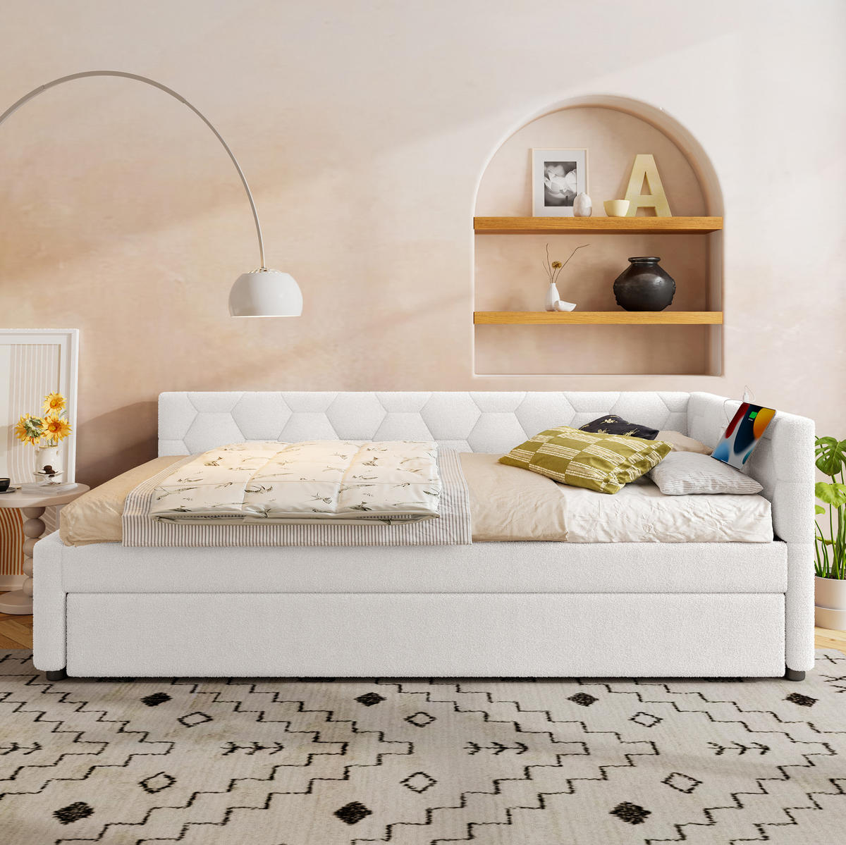 POLSTERBETT aus Velvet & MDF 90x200 cm in Weiß mit Ausziehbett, USB & Typ-C - Weiß, Textil (90/200cm) - Modfu