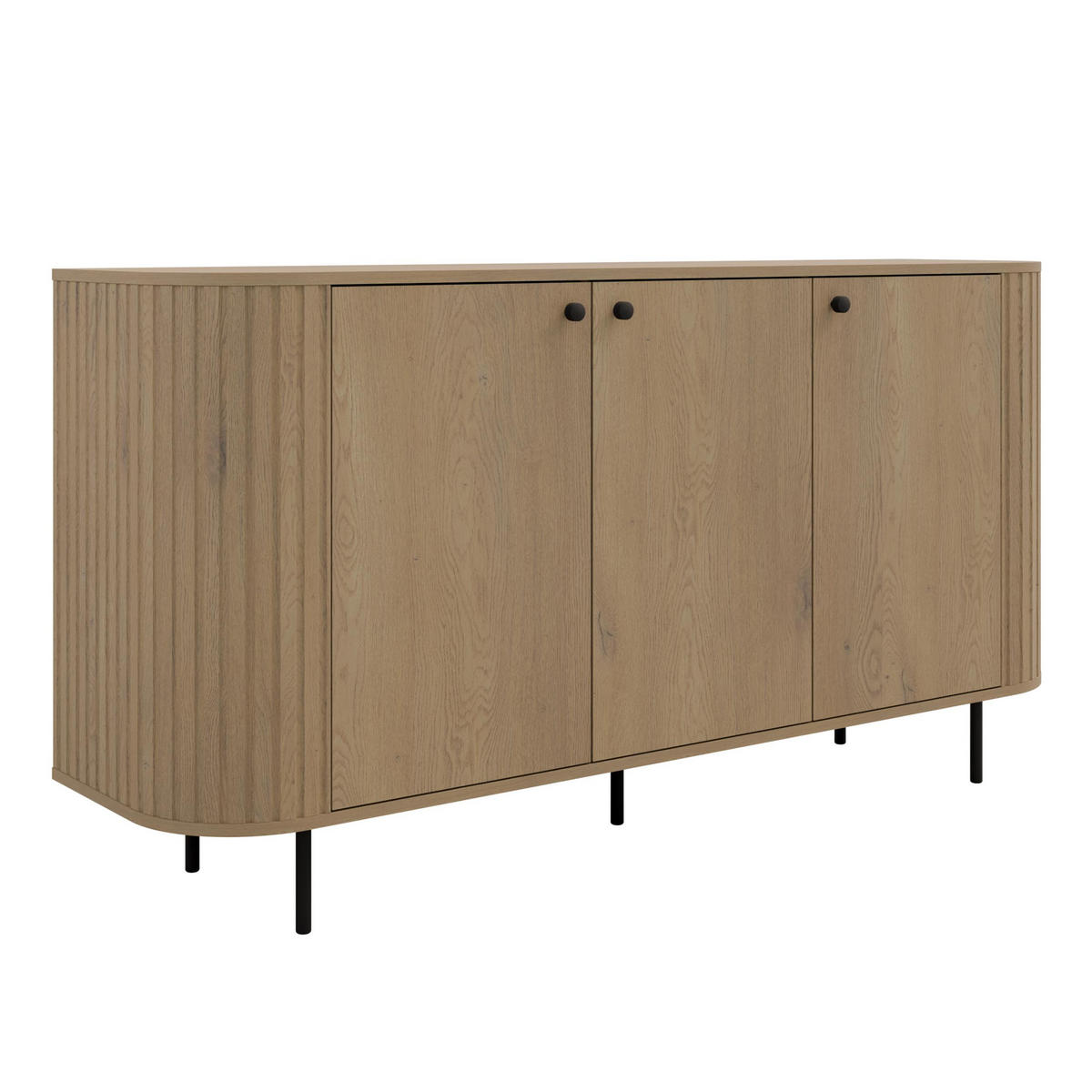 SIDEBOARD Halay Eiche Cremona, 3 Türen Moderne Rillenstruktur 164,6 cm, mit runden Kanten - Eichefarben/Schwarz, Holzwerkstoff/Metall (164.6/85.4/42.4cm) - AX Living