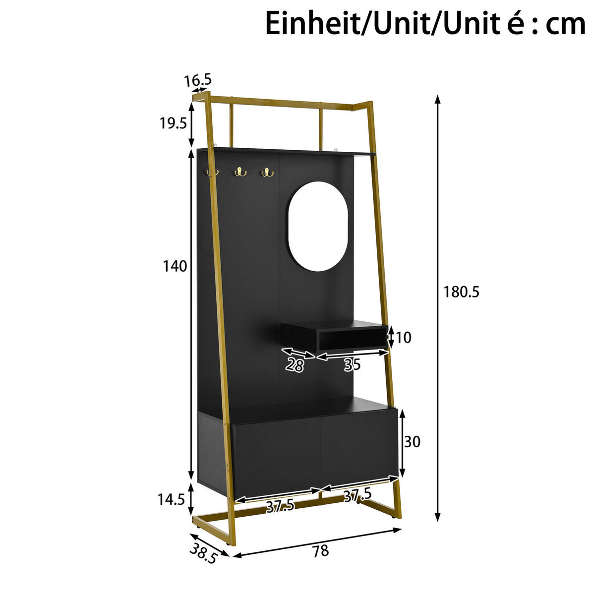 KOMPAKTGARDEROBE 78/38,5/180,5 cm aus Holzwerkstoff und Metall mit Spiegel und Schuhschrank Schwarz - Schwarz, Holzwerkstoff (78/180.5/38.5cm) - Modenvie