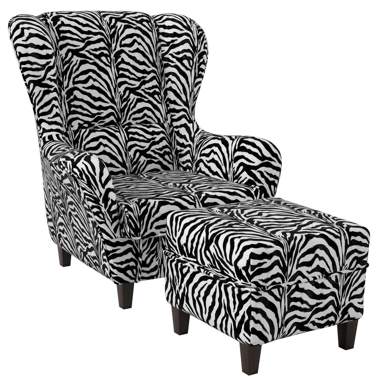 OHRENSESSEL Sofia Relaxsessel mit Hocker | Design Tierfellimitat Zebra - Ecru, Textil (92/68/95cm) - Supellex