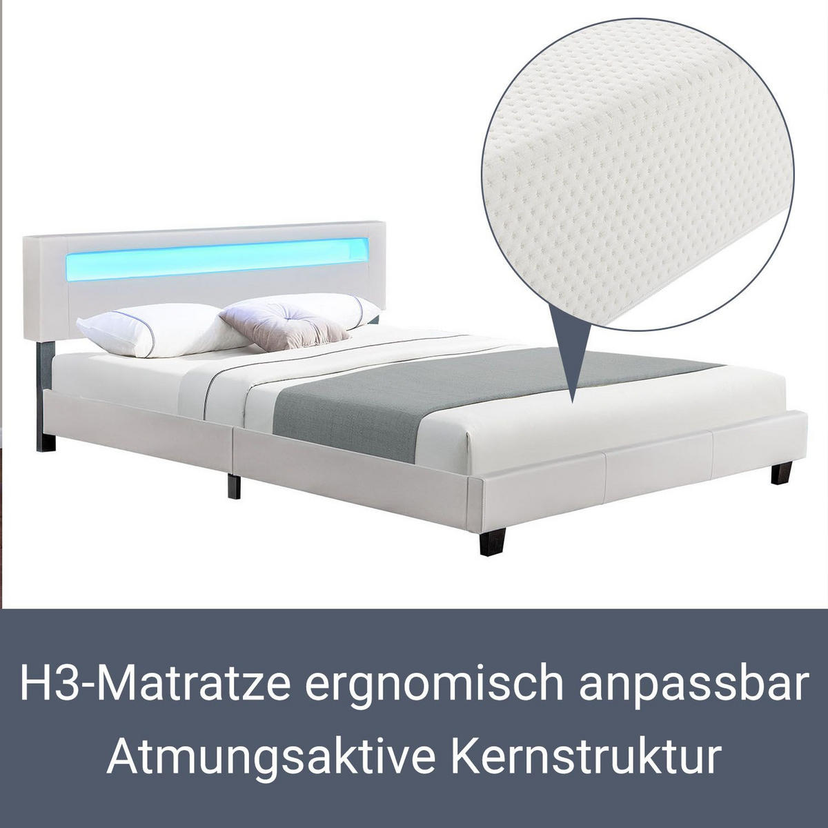 POLSTERBETT Paris weiß 160x200cm mit Matratze und LED (16 Farben) - Weiß, Textil (160/200cm) - Juskys