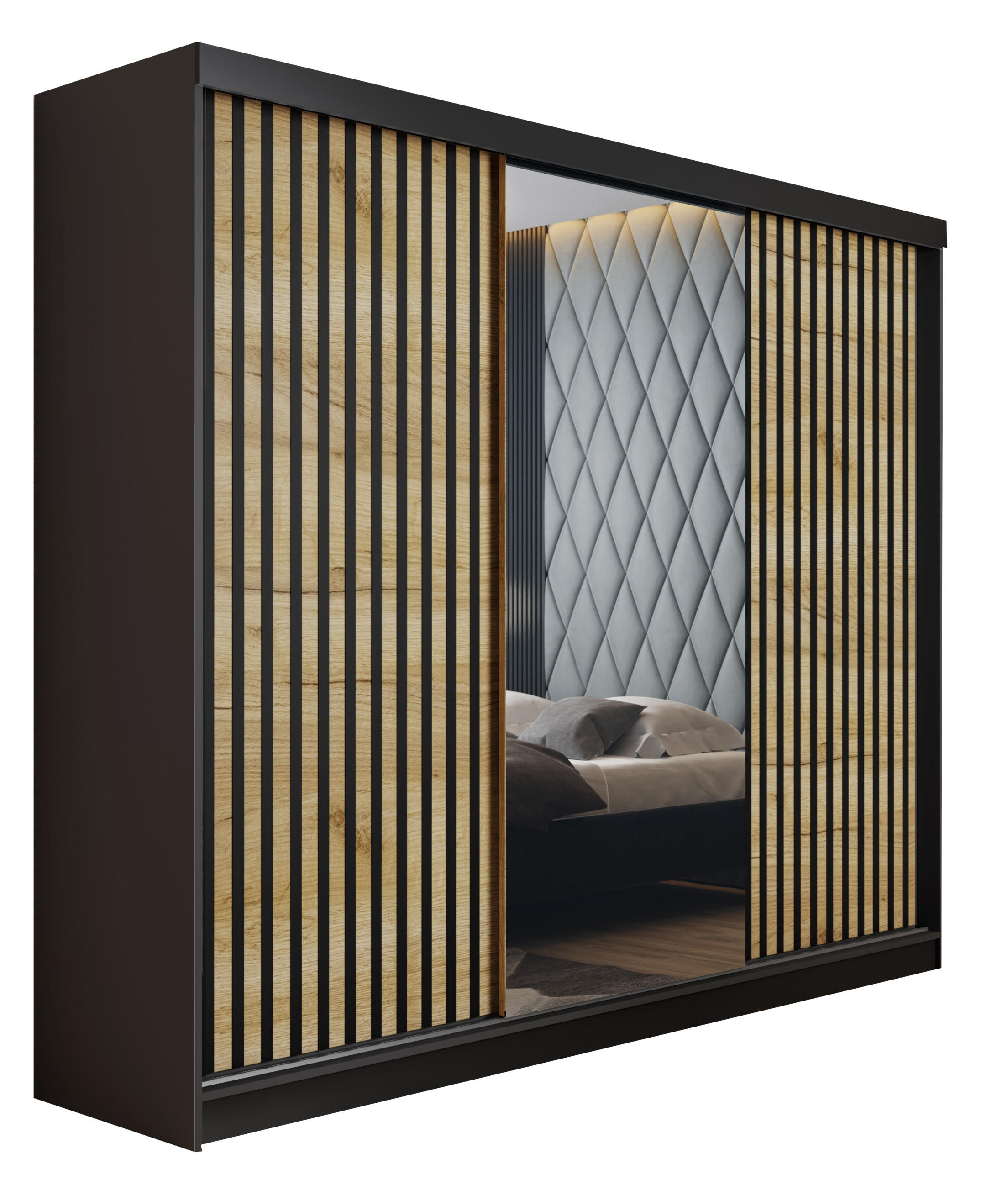 SCHIEBETÜRENSCHRANK MALANI - Schwarz und Craft Eiche Gold 200x205x59 cm - Honigeiche/Schwarz, Holzwerkstoff (200/205/59cm) - Kier Furniture
