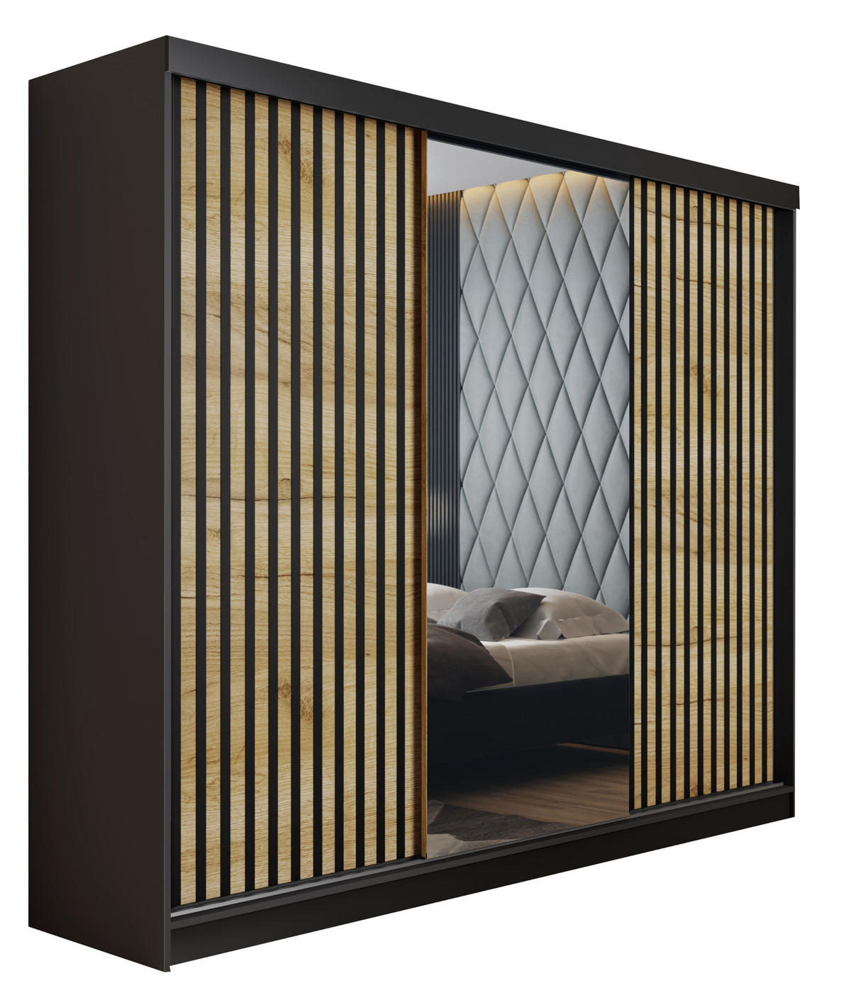 SCHIEBETÜRENSCHRANK MALANI - Schwarz und Craft Eiche Gold 200x205x59 cm - Honigeiche/Schwarz, Holzwerkstoff (200/205/59cm) - Kier Furniture