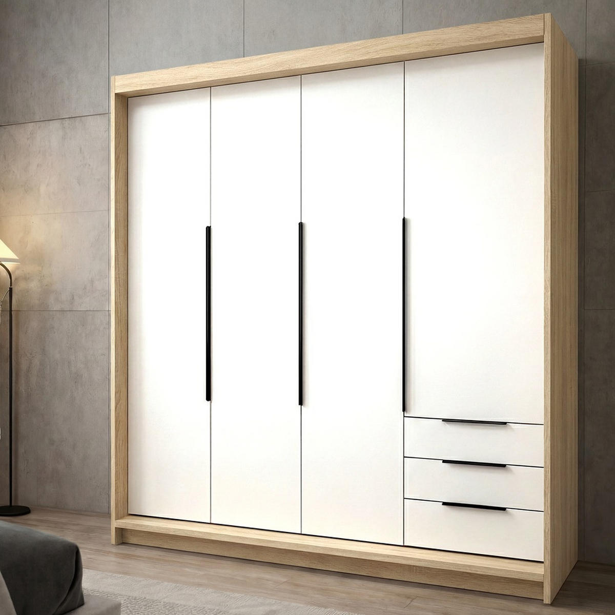 DREHTÜRENSCHRANK KLARI Sonoma Weiß Schubladen 200 cm - Braun/Weiß, Holzwerkstoff (200/215/59.5cm) - A&J MöbelLand