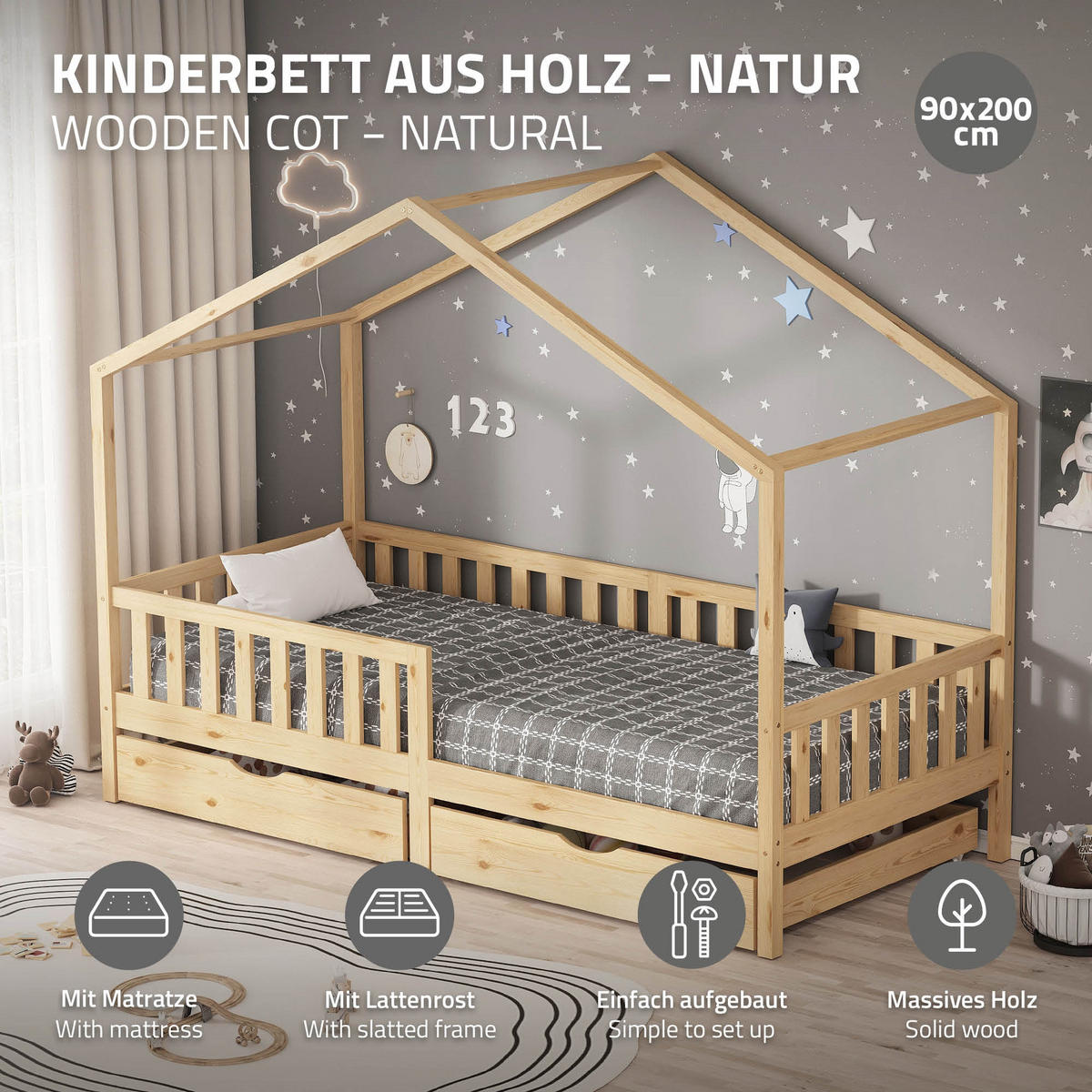 HAUSBETT mit Matratze 90x200 cm und 2 Schubladen Natur aus Kiefernholz - Beige, Holz (90/200cm) - ML-DESIGN