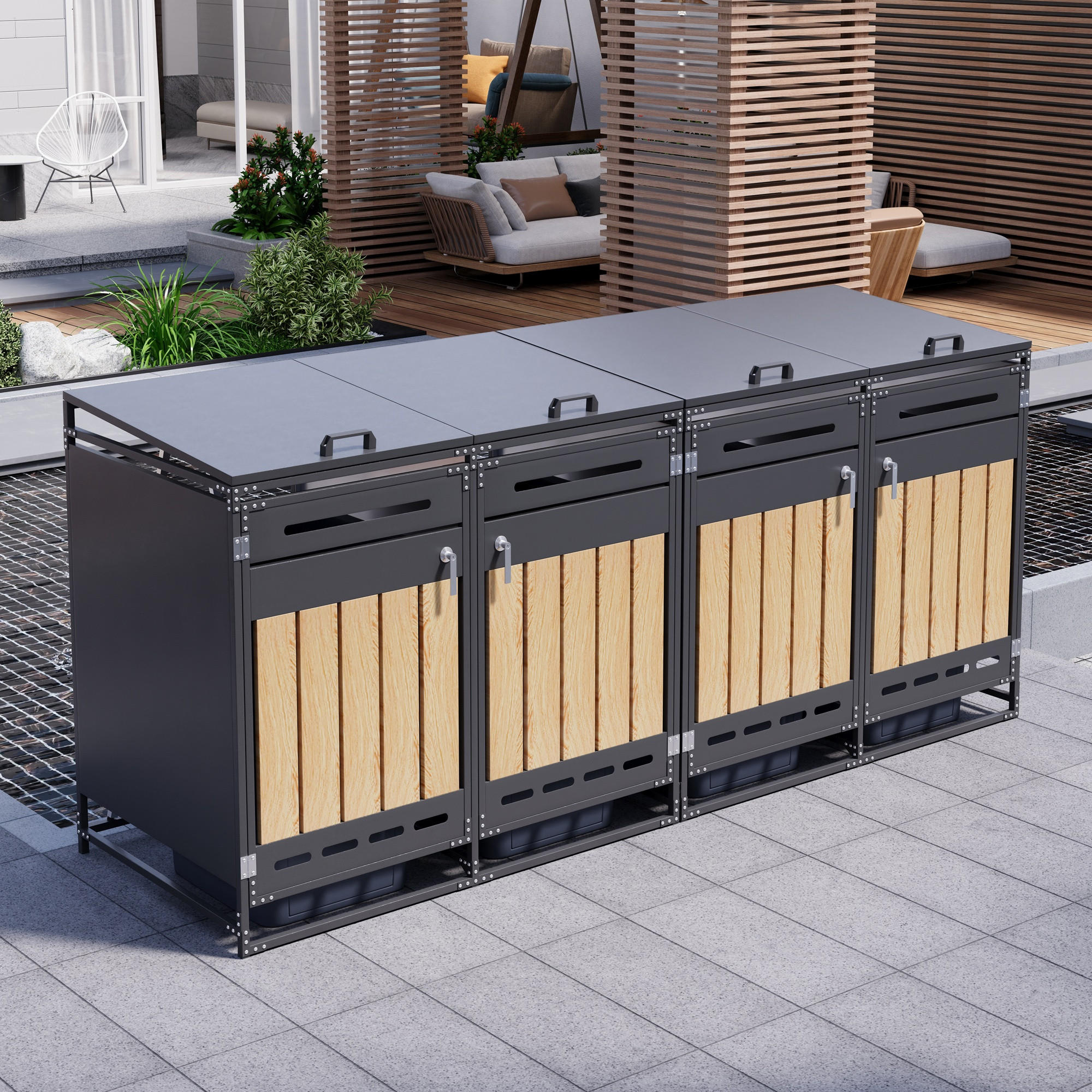 MÜLLTONNENBOX 4er Set Hydraulik Deckel Holzoptik Schloss - Schwarz, Metall (262/116/79cm) - LEBENLANG