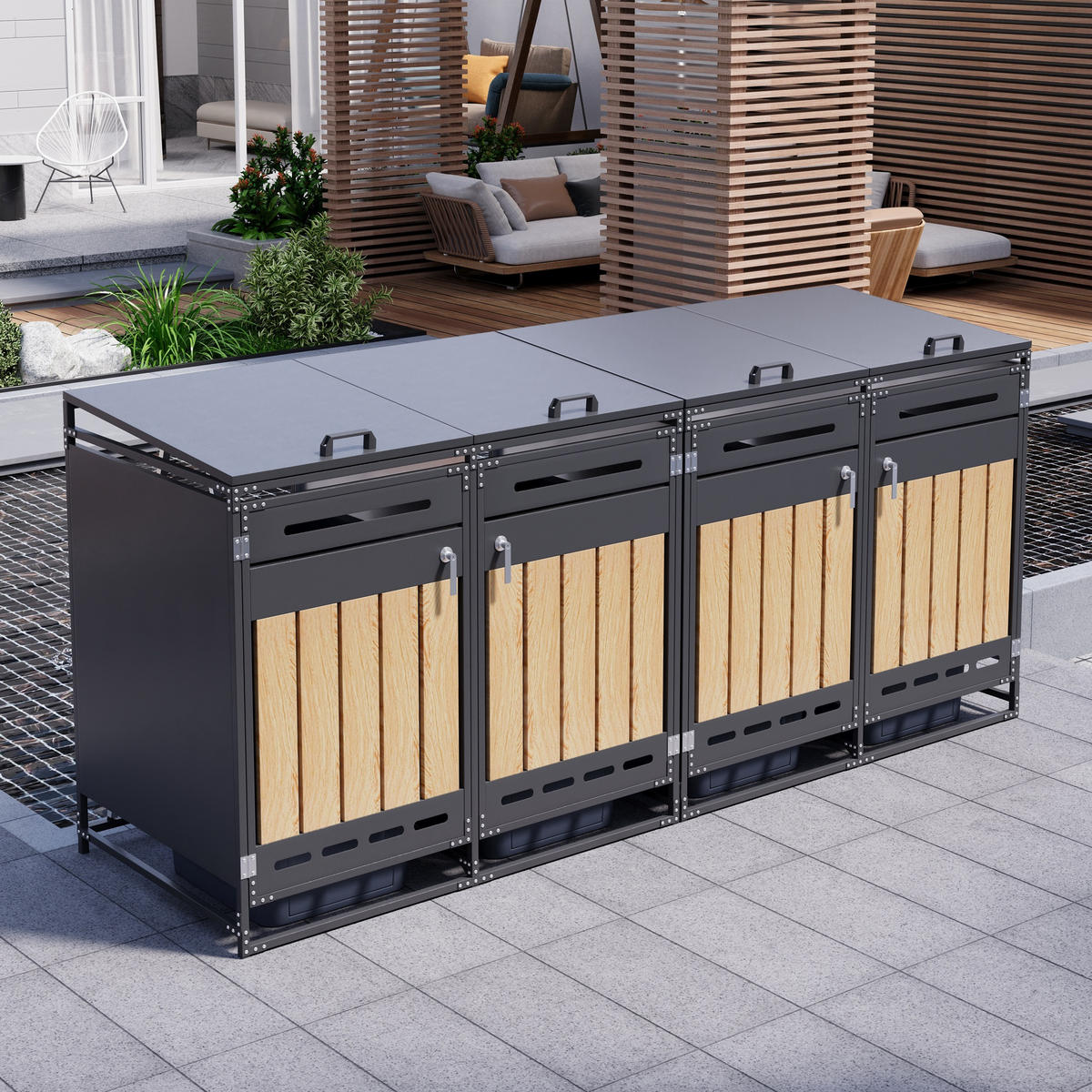 MÜLLTONNENBOX 4er Set Hydraulik Deckel Holzoptik Schloss - Schwarz, Metall (262/116/79cm) - LEBENLANG