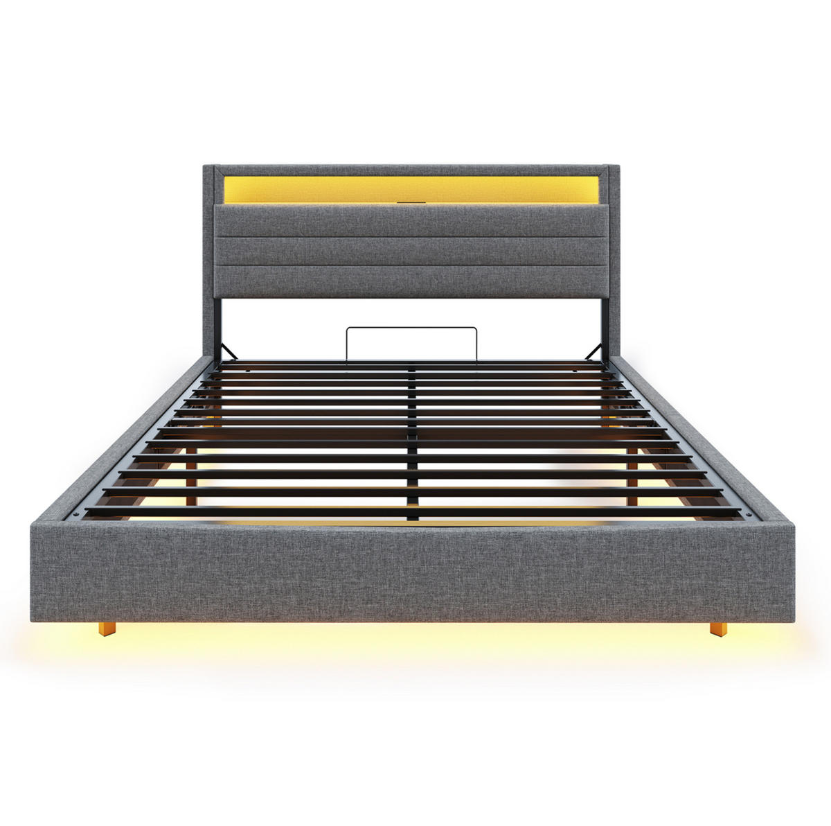 POLSTERBETT aus Leinen 160x200 cm Grau mit hydraulischem Stauraum, LED-Beleuchtung und USB-Anschluss - Grau, Textil (160/200cm) - IVMEU