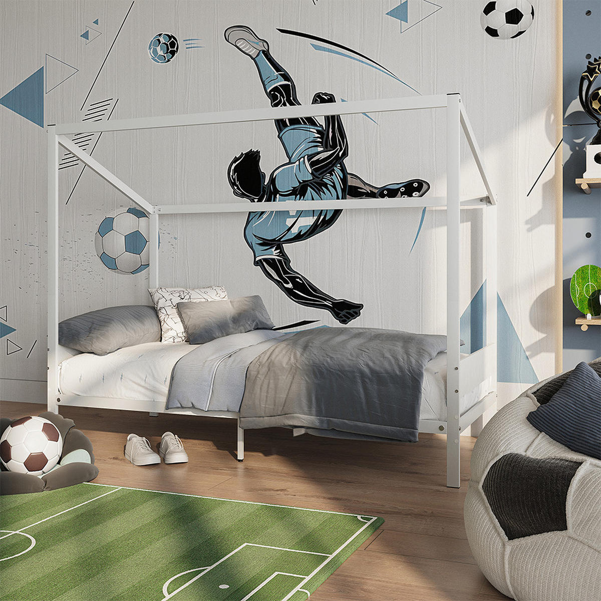 KINDERBETT Goal, Weiß/Schwarz, 90x200 - Schwarz/Weiß, Metall - VitaliSpa
