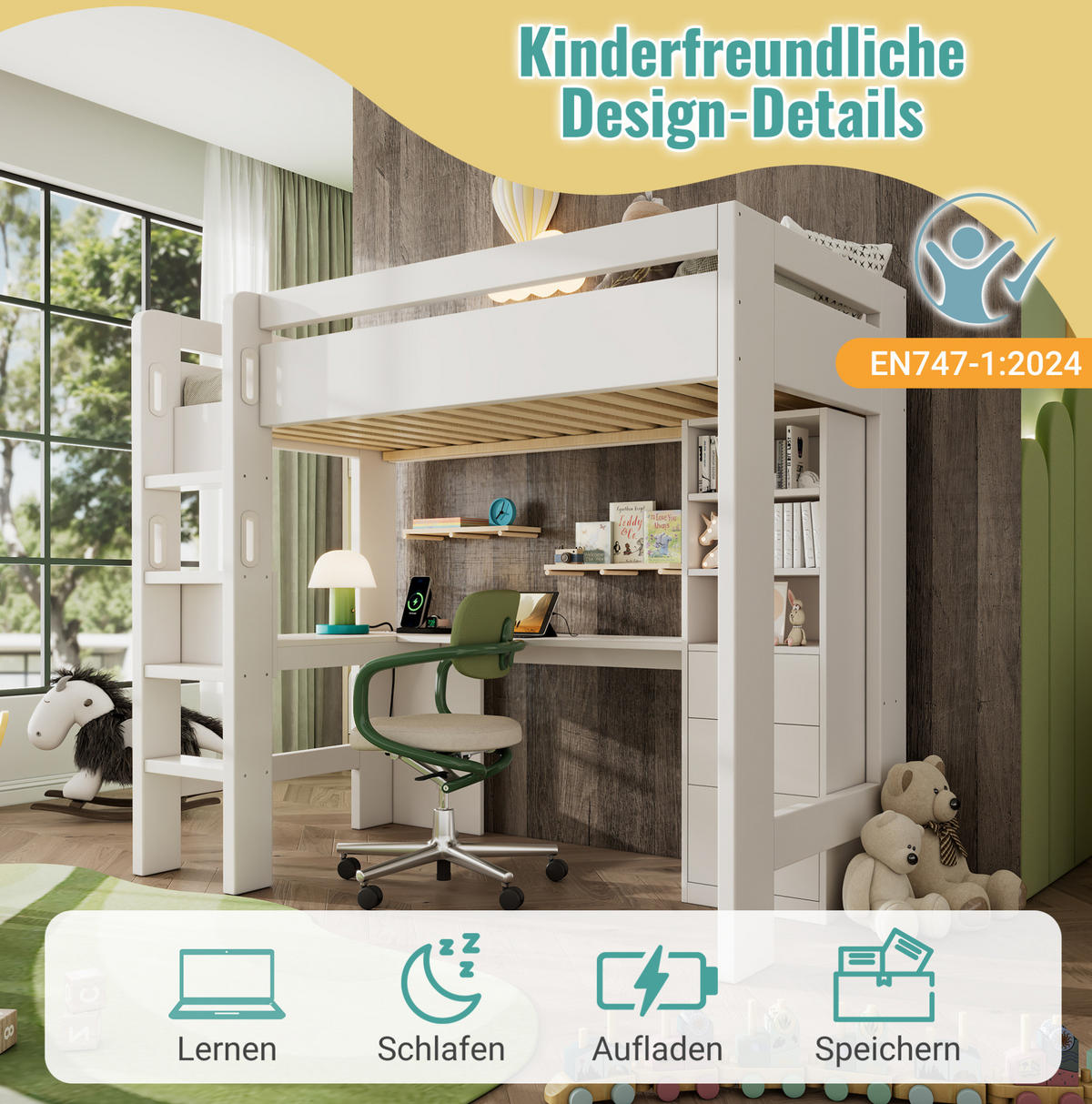 HOCHBETT 90/200 cm Weiß aus Holz mit Schreibtisch - Weiß, Holzwerkstoff (90/200cm) - OKMYHOME