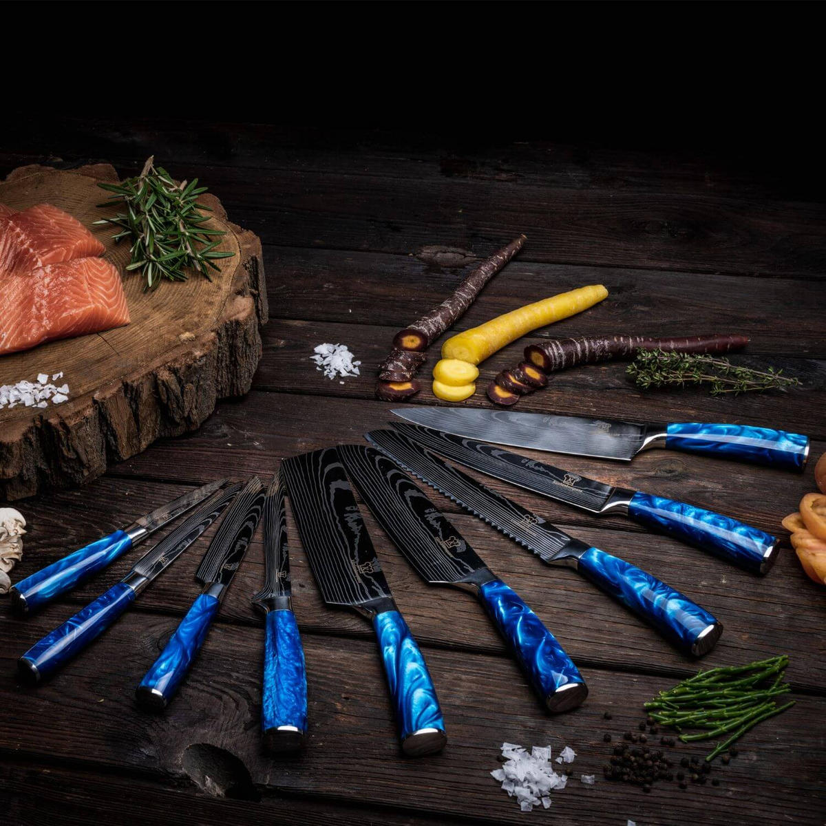 MESSER-SET 8-tlg. mit Edelstahlklingen und ergonomischen Epoxidharz-Griffen - Blau, Holz/Metall - Küchenkompane