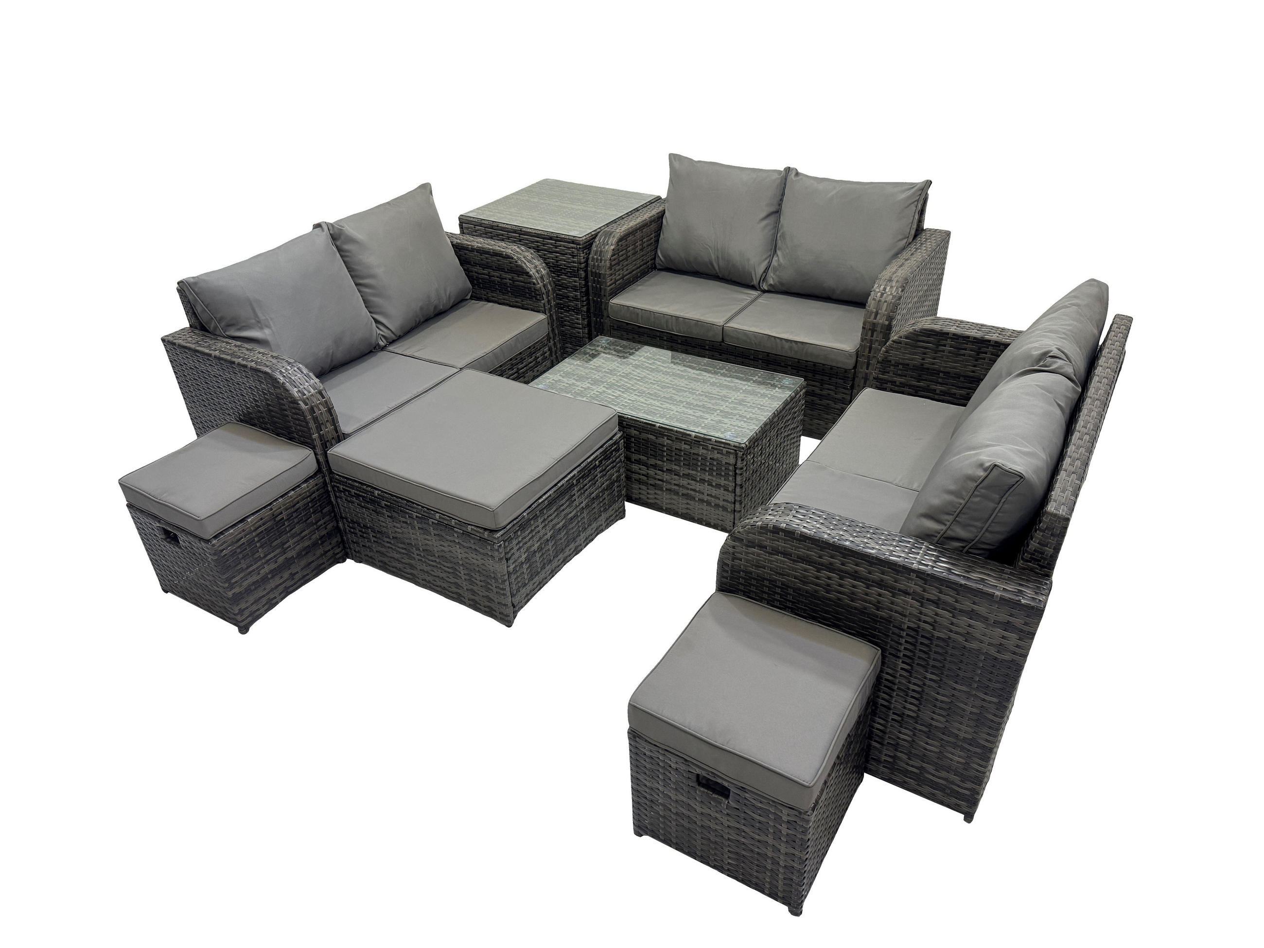 GARTENMÖBELGARNITUR mit KISSEN Polyrattan Dunkelgrau 9-Sitzer - Dunkelgrau/Grau, Glas/Kunststoff - Fimous