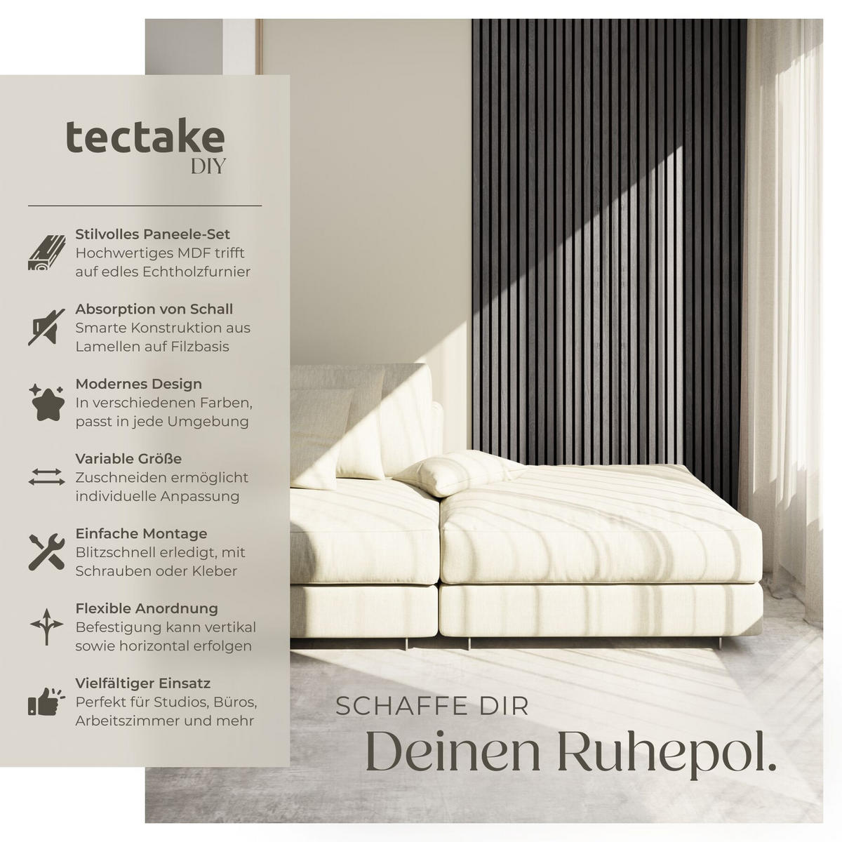 AKUSTIKPANEELE 8er Set Sonic Wall Iv, je 110 x 50 x 1,1 cm, Größe flexibel anpassbar, Eiche schwarz - Schwarz, Holz (50/1.1/110cm) - tectake