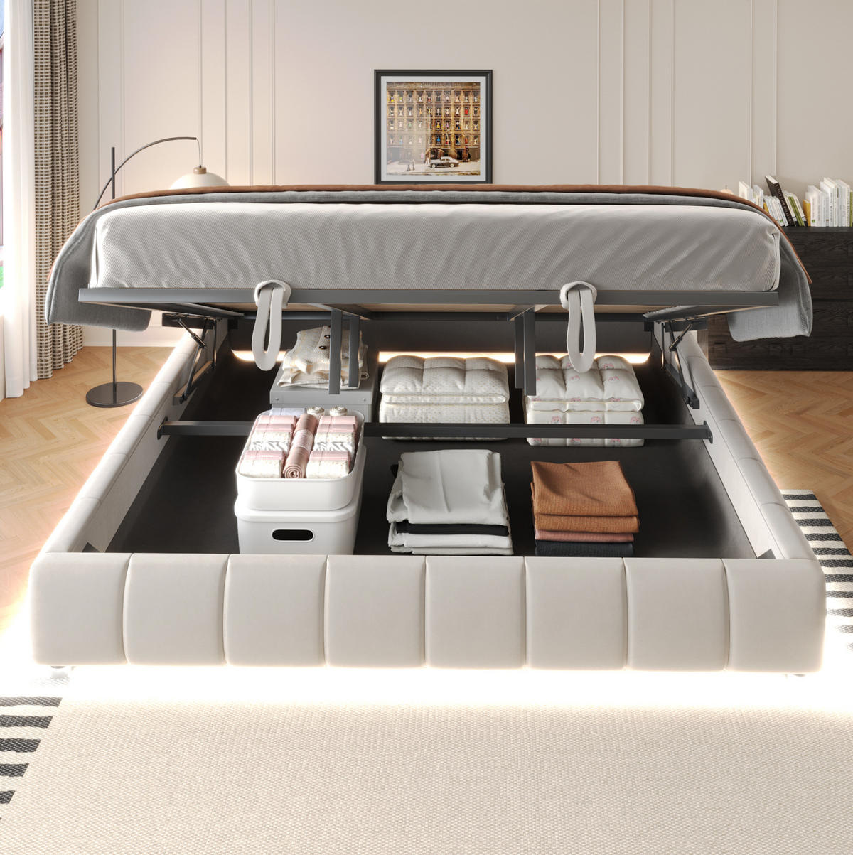 POLSTERBETT 180/200 cm Beige mit Stauraum und LED-Beleuchtung - Beige, Textil (180/200cm) - Flora Grace