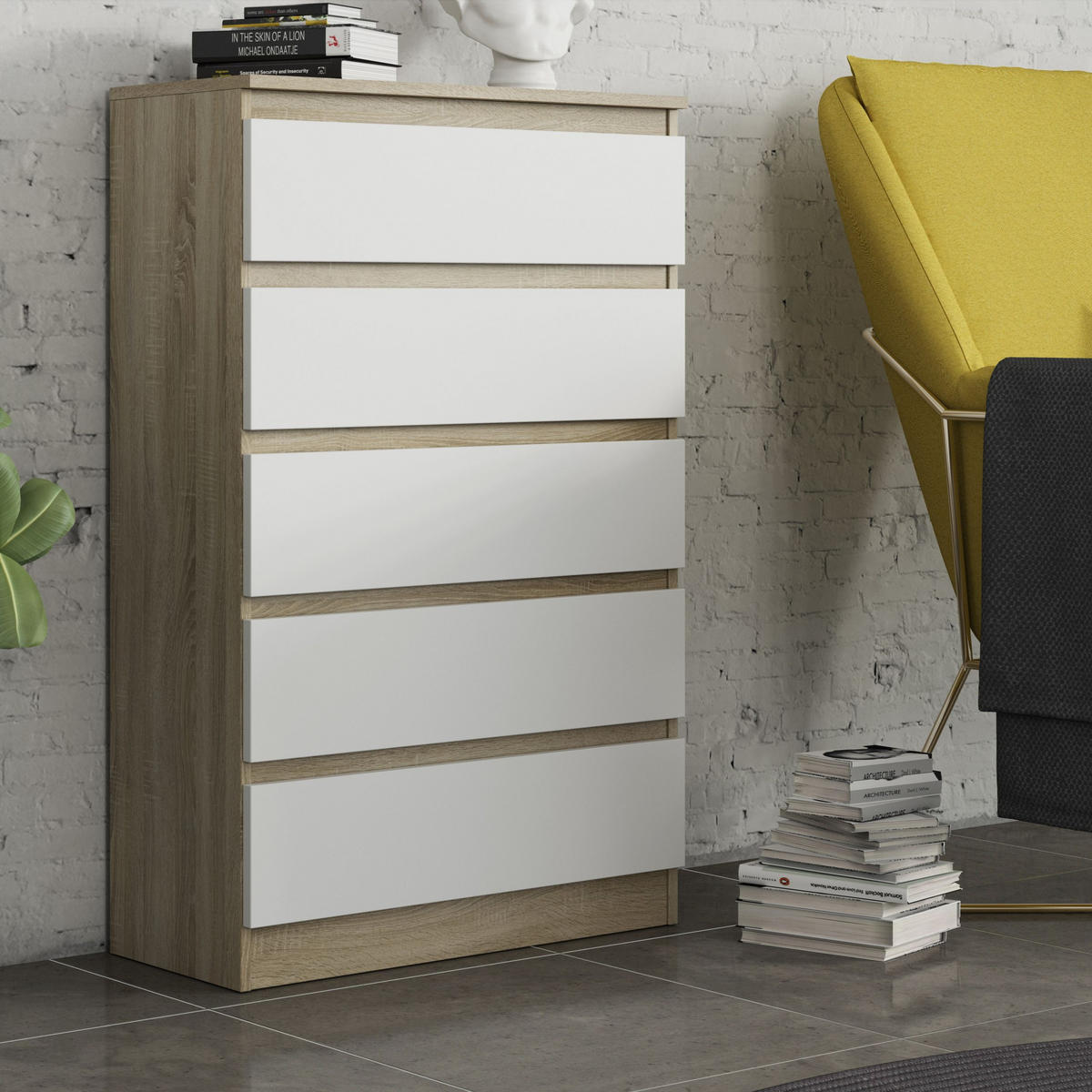KOMMODE ADRIANO 70/112/33 cm mit 5 Schubladen Sonoma Eiche - Weiß/Sonoma Eiche, Holzwerkstoff (70/112/33cm) - MASSENO