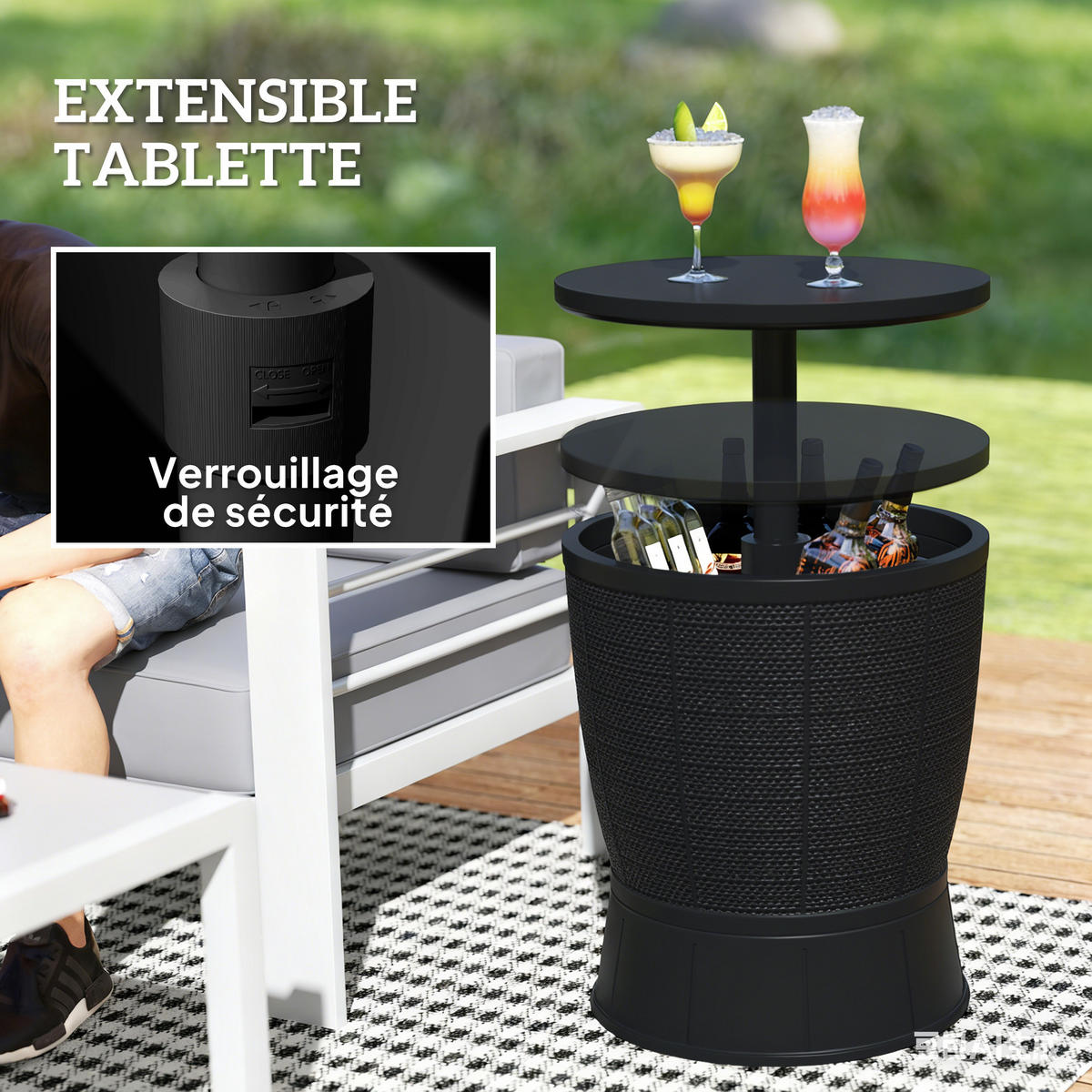 GARTENTISCH DE-14192 3-in-1 mit Eisbehälter, höhenverstellbar Schwarz - Schwarz, Kunststoff (49/49/84cm) - ComfortXL