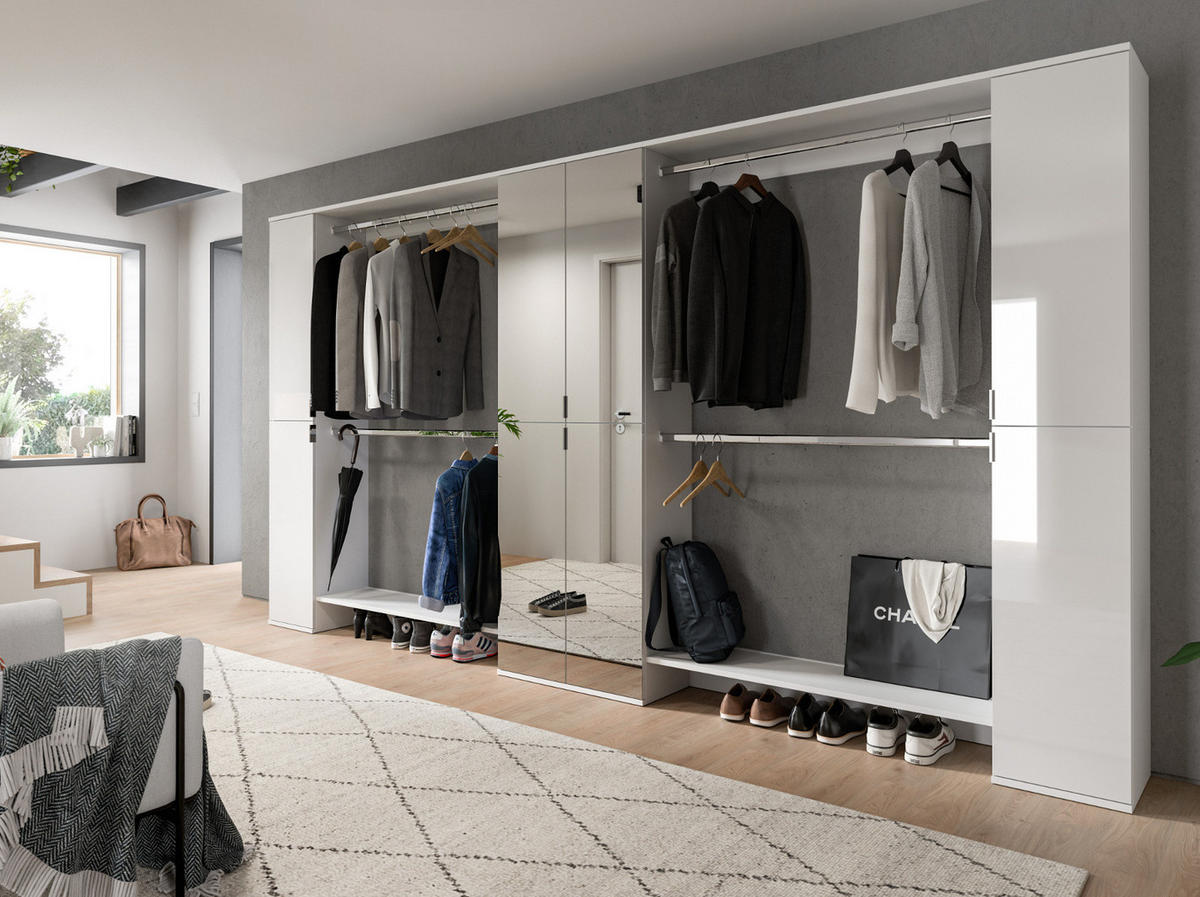 GARDEROBENSCHRANK weiß Hochglanz 232 cm, Schuhschrank XXL, mit Spiegeltüren - Chromfarben/Weiß Hochglanz, Holzwerkstoff/Kunststoff (341/193/34cm) - Inn.Furn