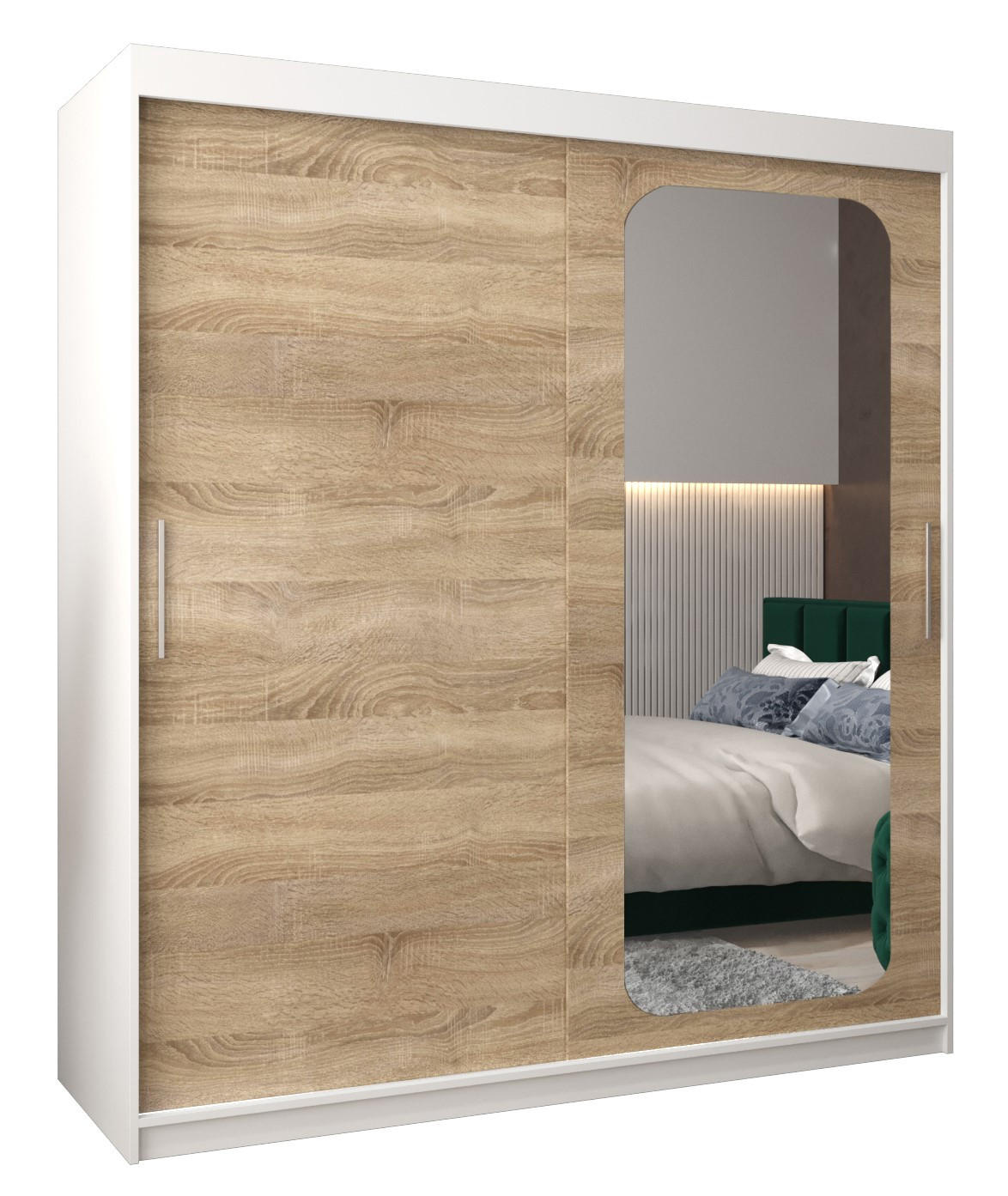 Abiks Möbel Schwebetürenschrank Weiß, Sonoma Eiche 180x200x62 cm