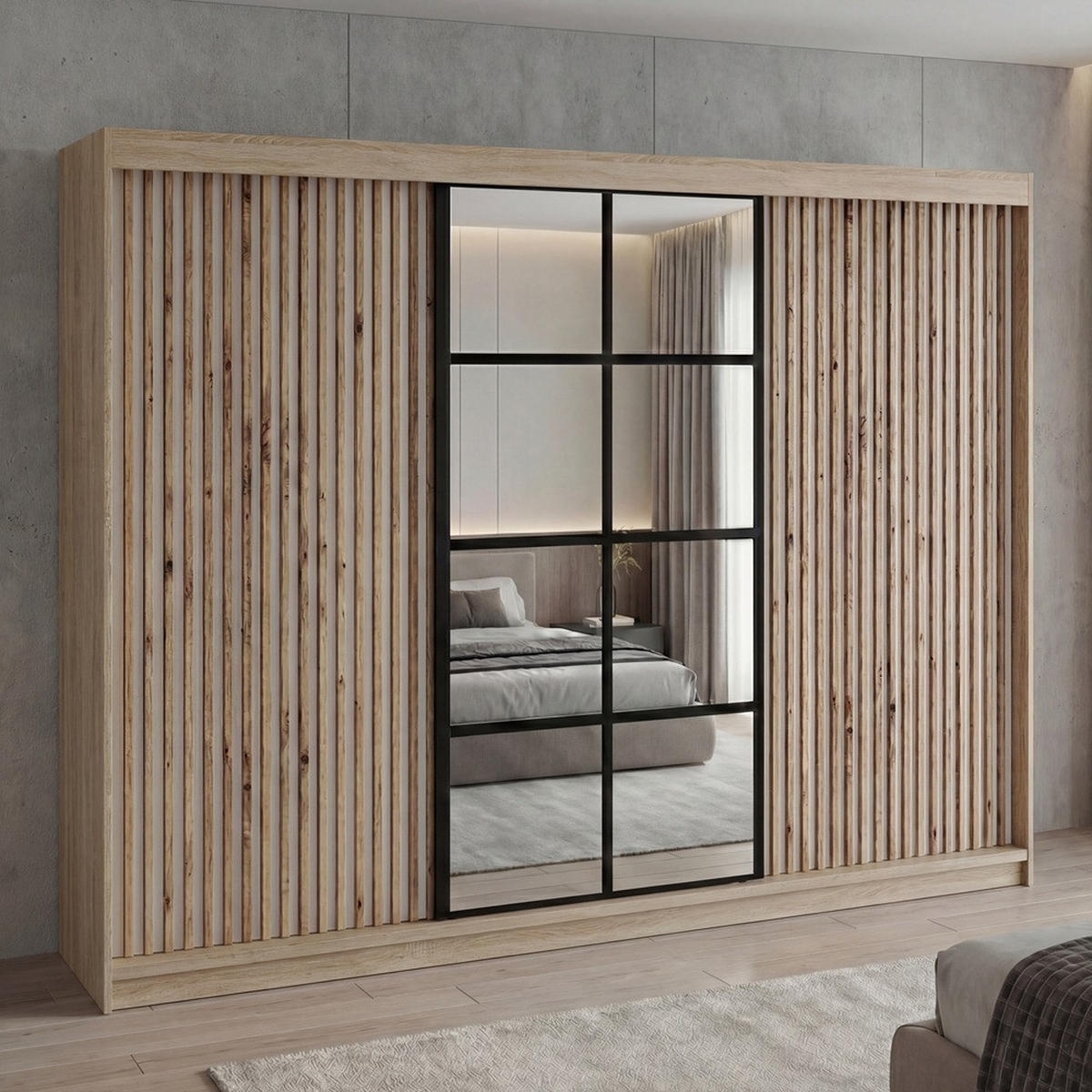 SCHWEBETÜRENSCHRANK NORIVO-Sonoma, Weiß-Lamelle, Schwarz-Spiegel, Weiß-Lamelle 200 cm - Schwarz/Braun, Holzwerkstoff (200/215/59.5cm) - A&J MöbelLand