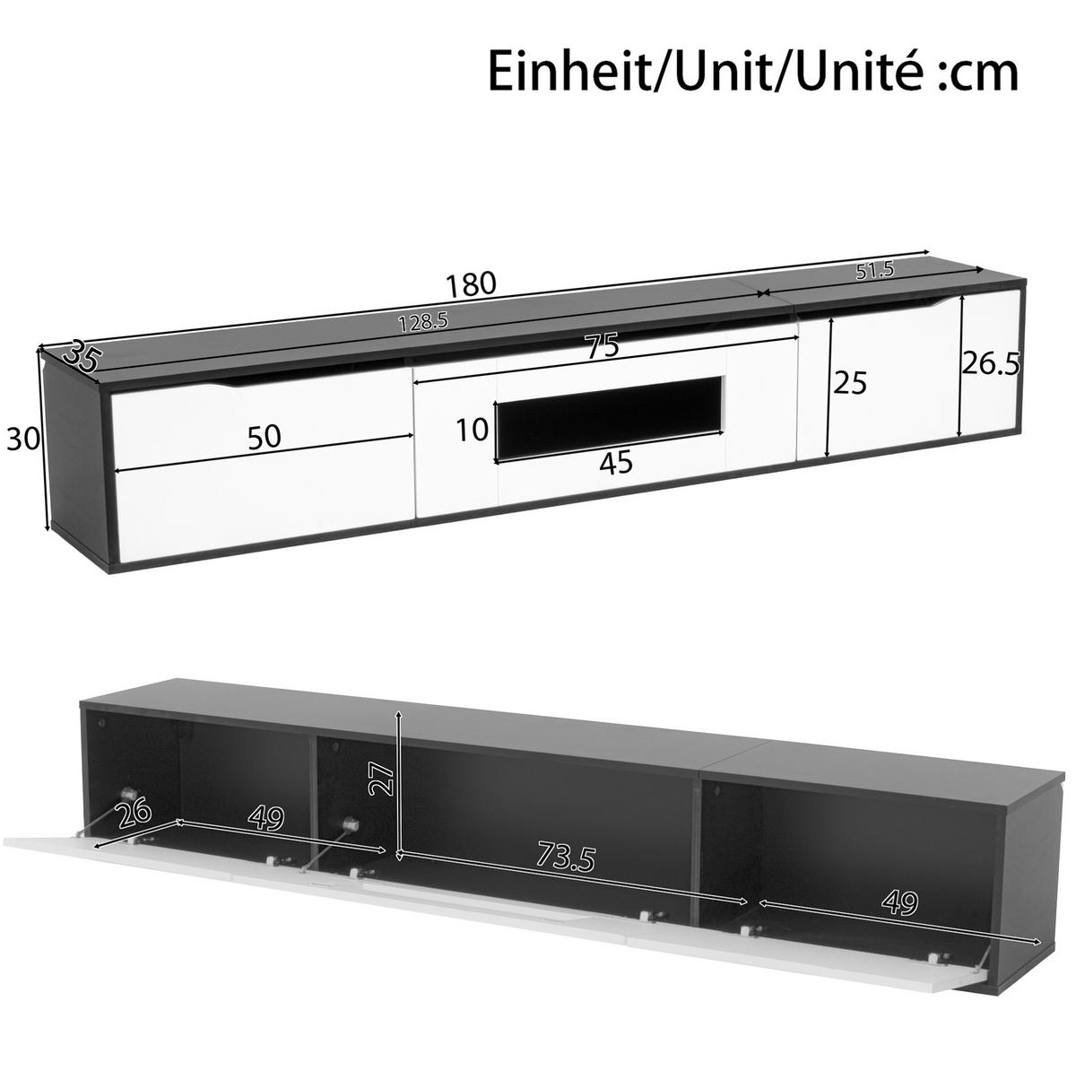 TV-ELEMENT mit LED-Beleuchtung 180 cm Hochglanz Schwarz Weiß - Schwarz, Holzwerkstoff (35/30/180cm) - Beauniv