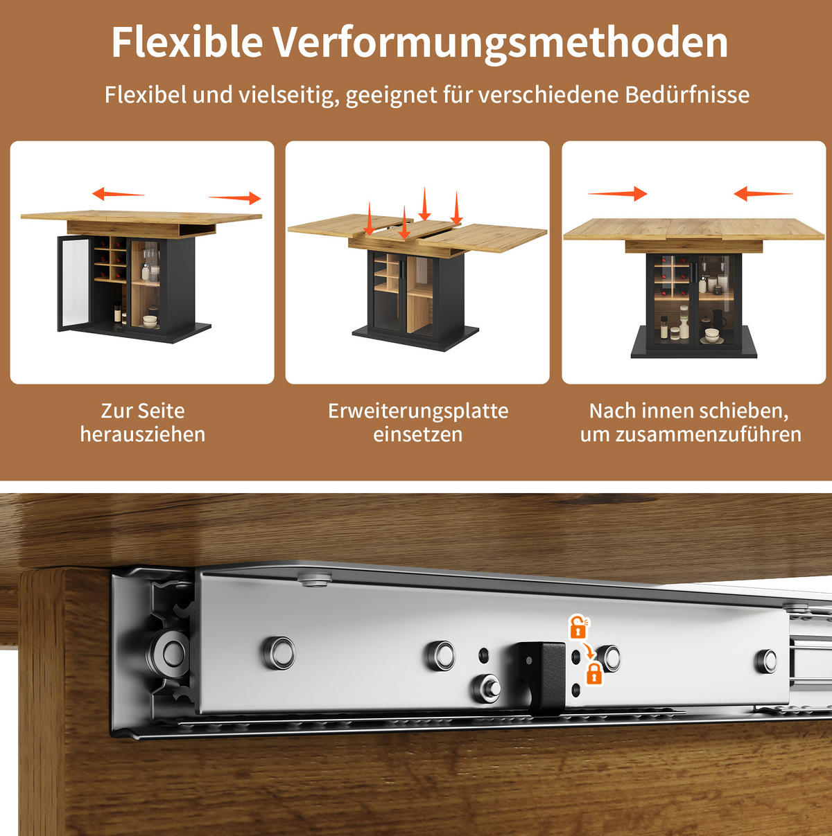 ESSTISCH 110-140/80/76 cm aus MDF, ausziehbar mit Weinregal und Glastür, Schwarz - Schwarz, Holzwerkstoff (110/80/76cm) - Redom