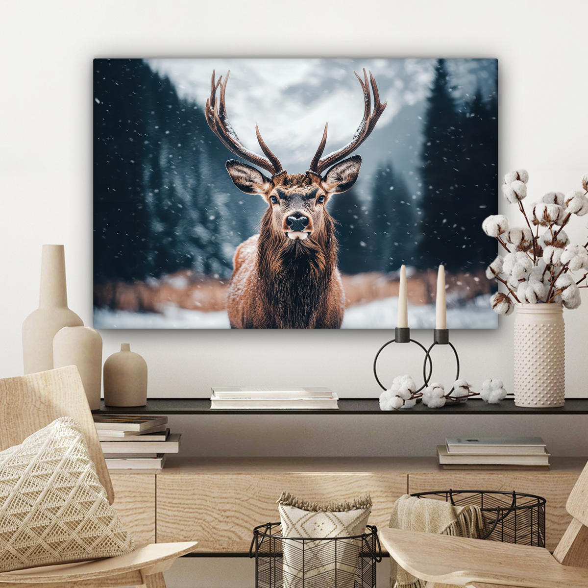 LEINWANDBILD Hirsche - Tiere - Landschaft - Winter - Schnee Wanddeko 90x60 cm - Kastanienfarben, Textil (90/60cm) - MuchoWow