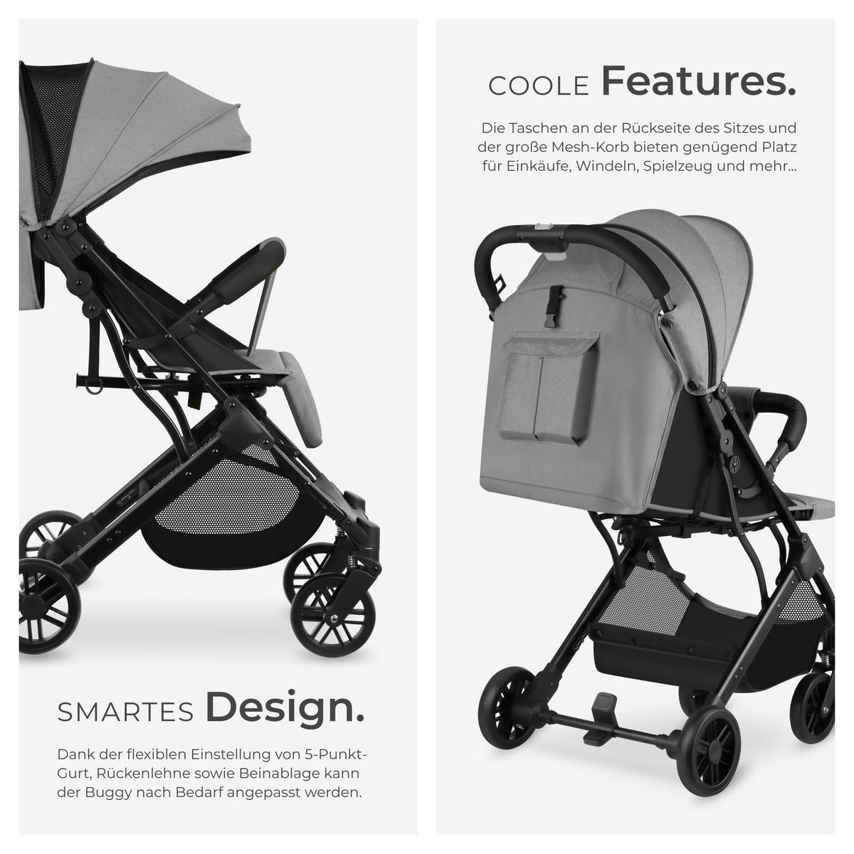 BUGGY-KINDERWAGEN Finn,für 0 bis 36 Monate geeignet, Belastbarkeit 15 kg,grau - Grau, Textil (95/51/105cm) - tectake