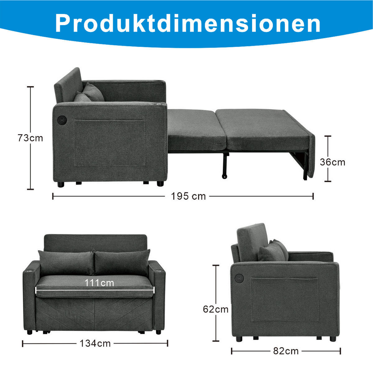 SCHLAFSOFA 134/82/73 cm Dunkelgrau mit USB Charging und Aufbewahrungstasche - Dunkelgrau, Textil (134/73/195cm) - Oxeza