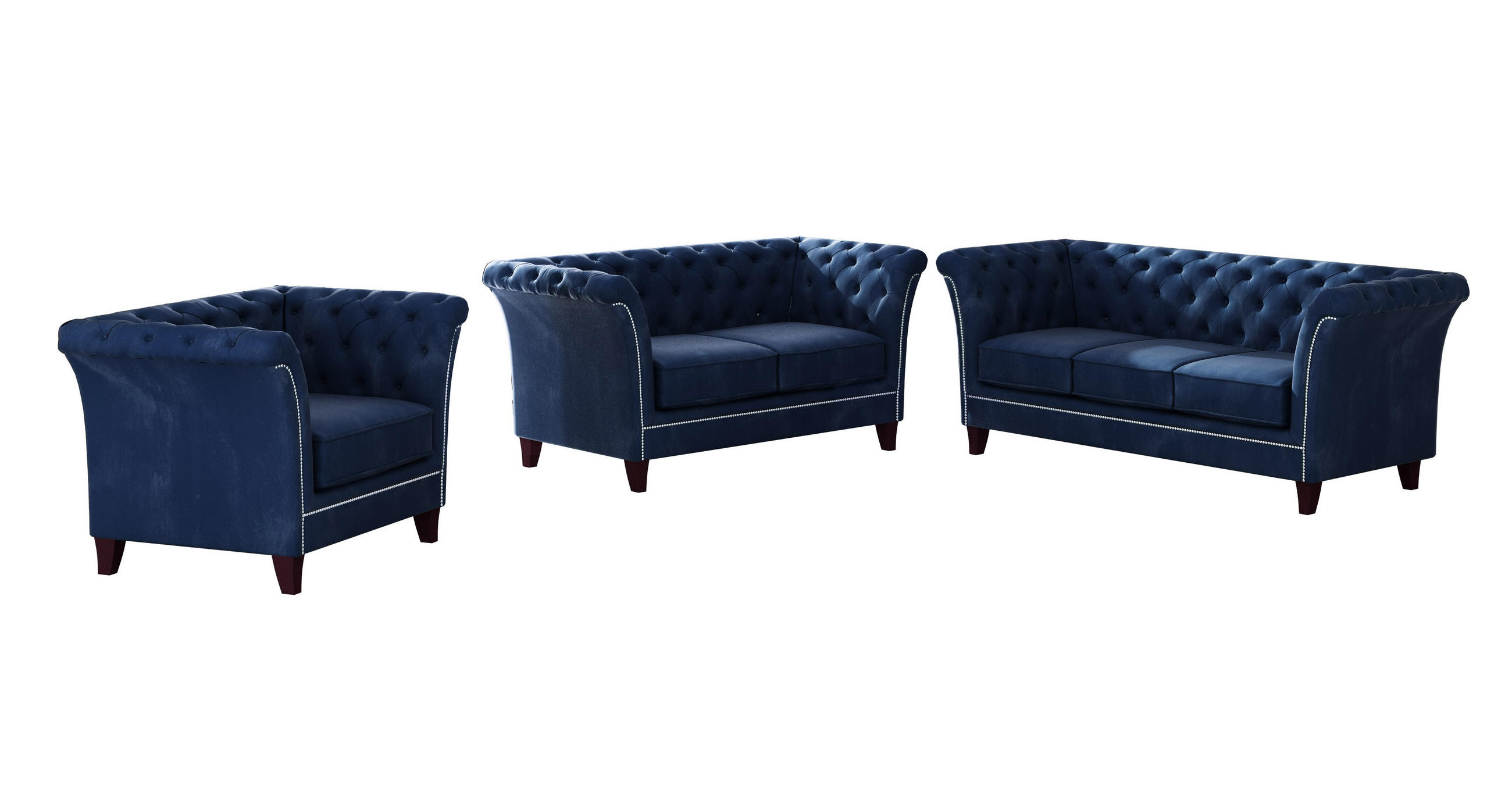 SITZGARNITUR 3+2+1 Chesterfield Fusion Blau Samt - Blau/Braun, Holz/Textil (237/75/82cm) - S-Style Möbel