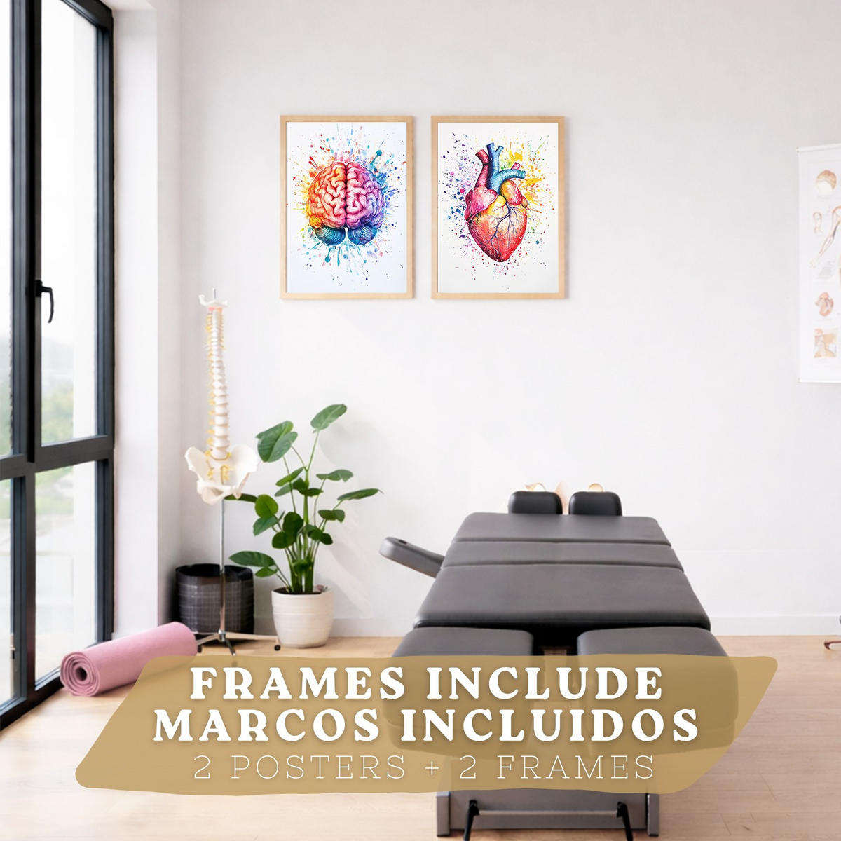 POSTER Set aus 2 Anatomie Drucke und Wandbilder mit Gehirn und Herz Künstlerische Mehrfarbig Aquarell Illustration Größe Leichter Holzrahmen A3 - Beige, Papier (29.7/42/3cm) - Nacnic