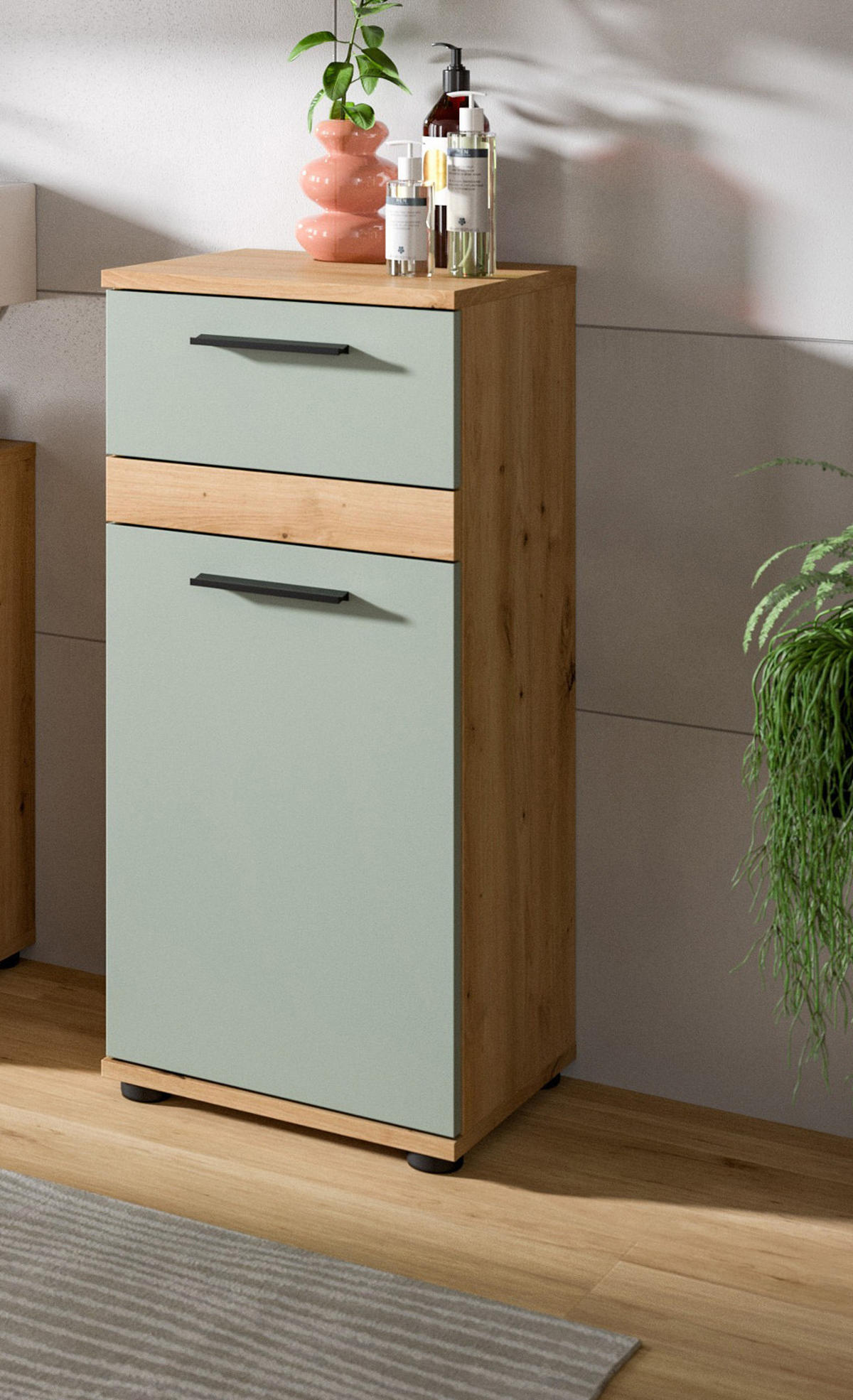 KOMMODE Salbei grün, Eiche Artisan 35 x 79 cm, Badschrank in modernem Design - Salbeigrün/Schwarz, Holzwerkstoff/Kunststoff (35/79/31cm) - Inn.Furn