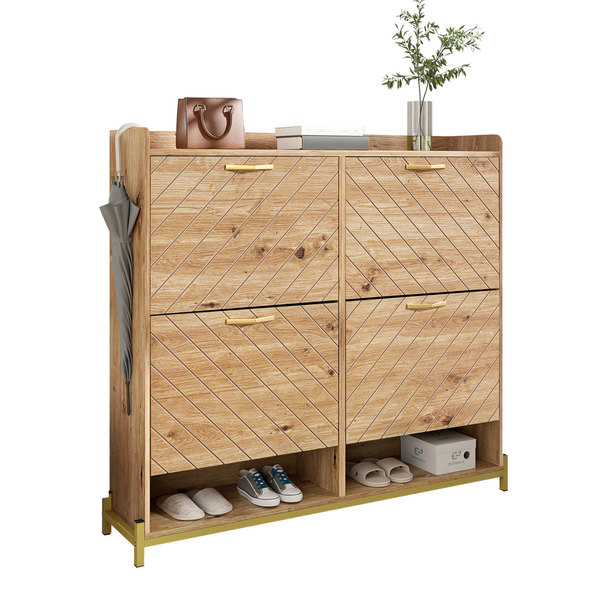 SCHUHSCHRANK mit 4 Klappen 108,5/24/100 cm in Holzoptik, platzsparend - Naturfarben, Holzwerkstoff (108.5/100/24cm) - BEAOK