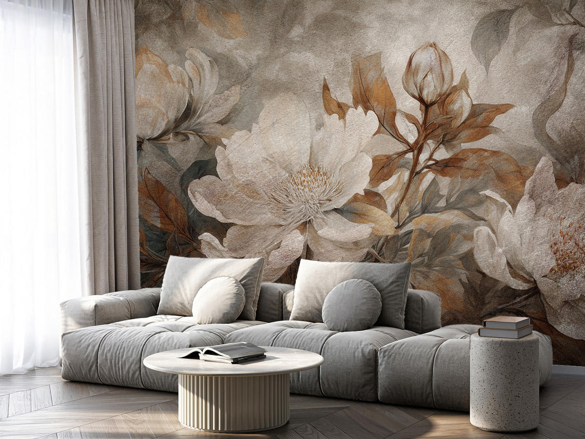 FOTOTAPETE für Wohnzimmer Blumen Blätter Pflanzen Natur Retro Stil 400x280 - Beige/Orange, Papier (400/280cm) - Muralo